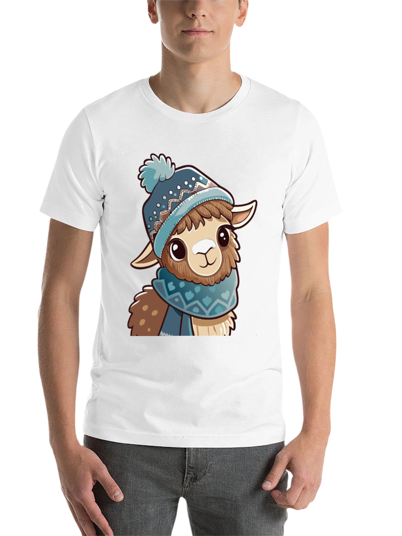 Black Cute Llama in Winter Hat Black T-Shirt view 14