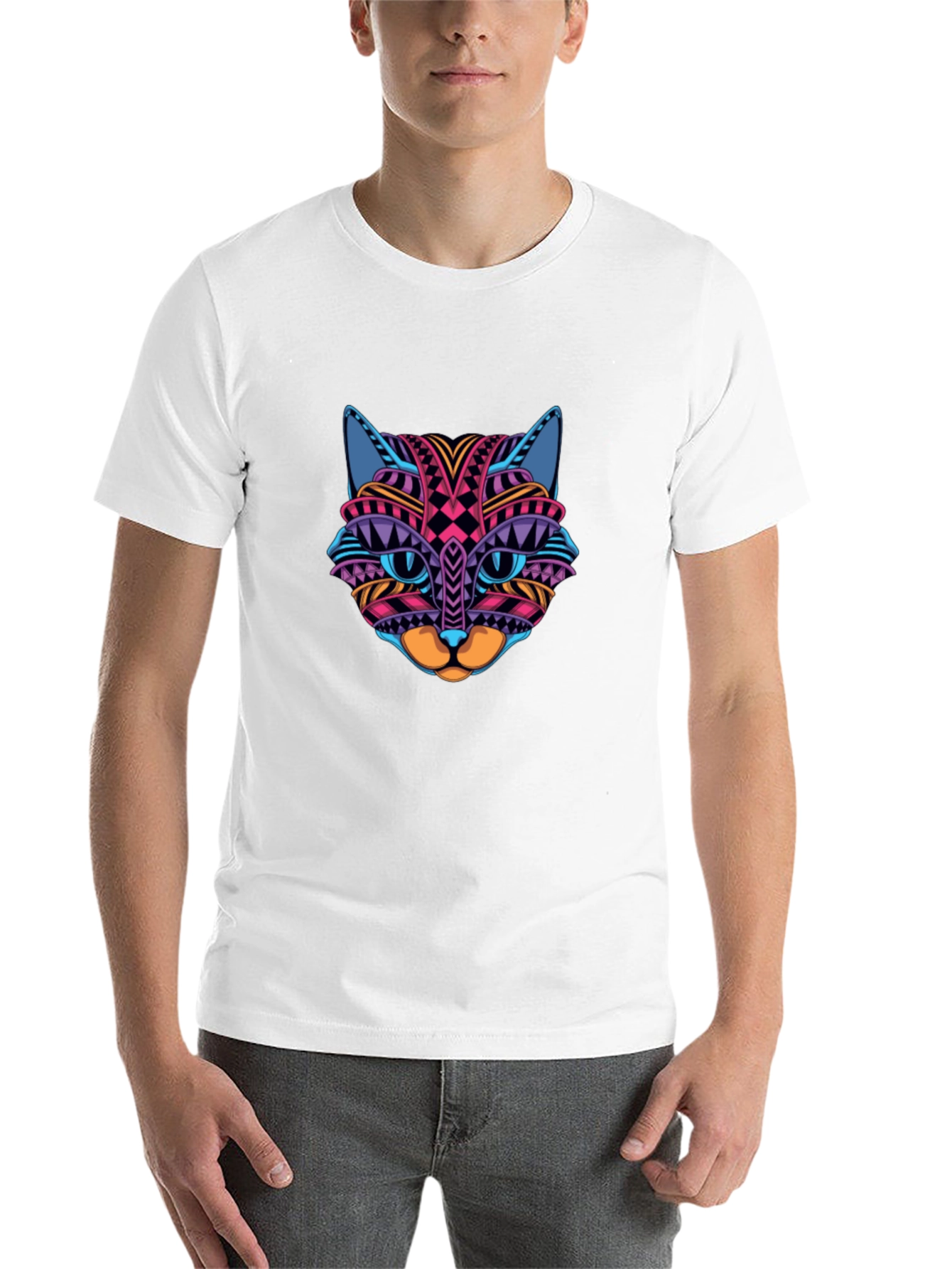 Black Colorful Cat Face Graphic Print Black T-Shirt view 14