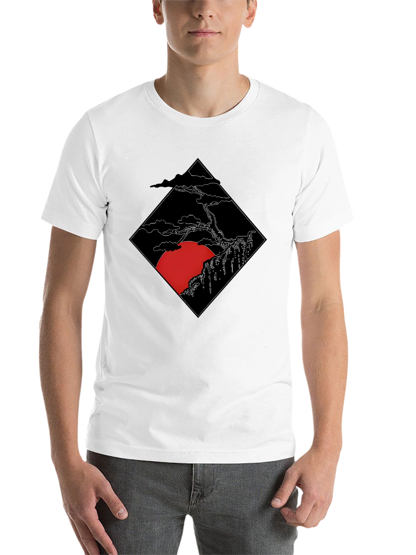 Black Men's Black T-Shirt with Japanese Sunset Design view 14