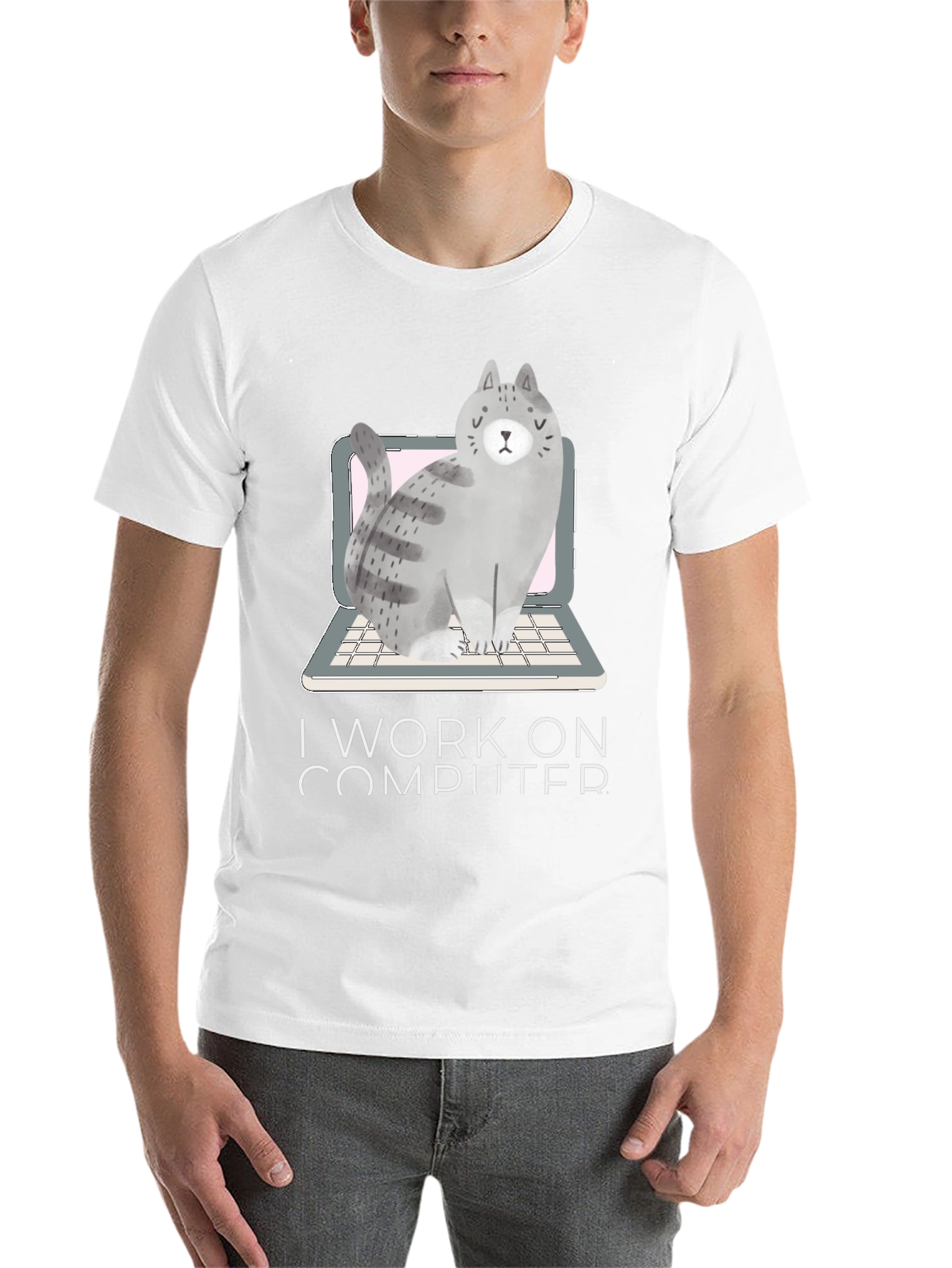 Black Cat on Laptop T-Shirt - I Work on Computer view 14