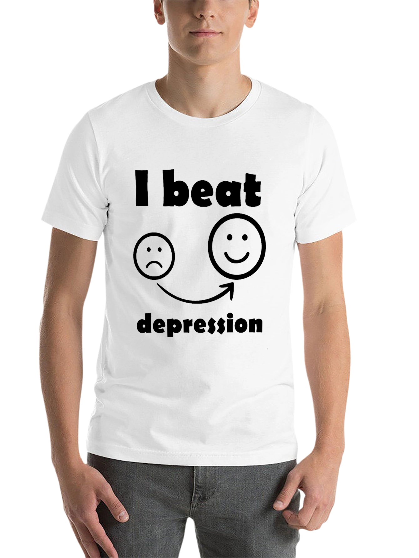 Black I Beat Depression T-Shirt - Black, Graphic Tee view 14