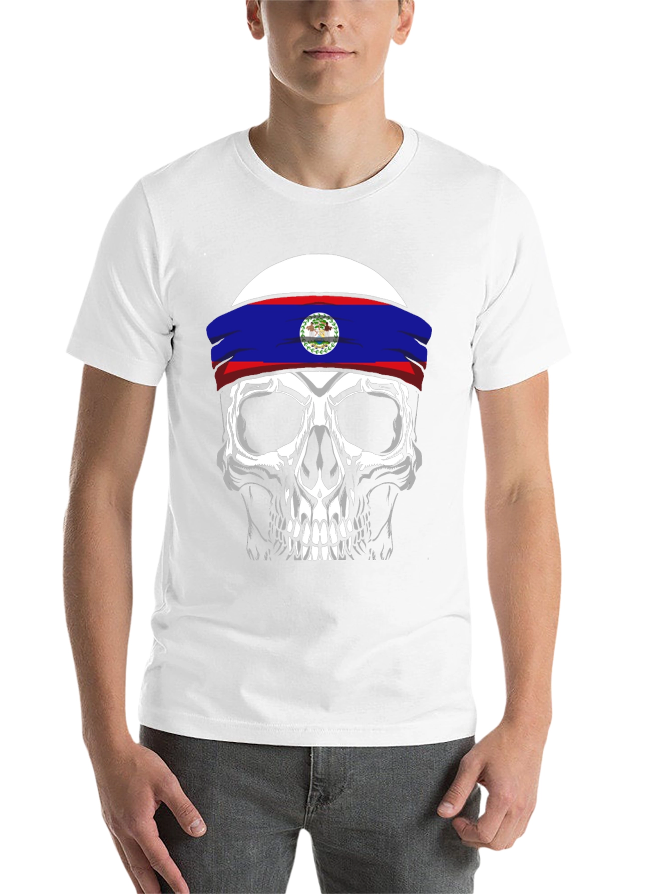 Black Skull Belize Flag Headband T-Shirt view 14