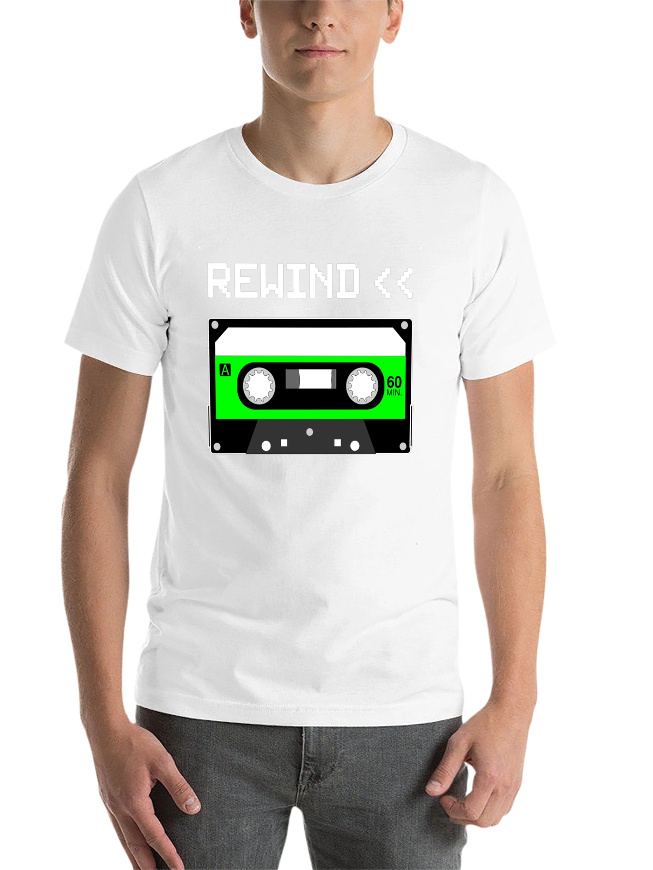 Black Retro Rewind Cassette Tape Graphic Tee - 80s Nostalgia T-Shirt view 14