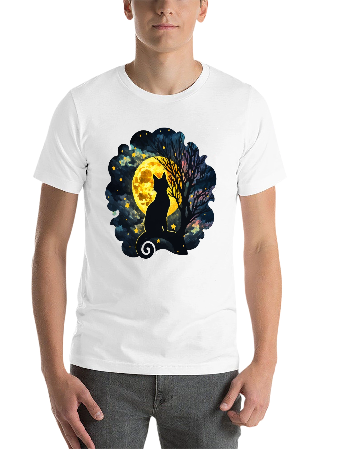 Black Moonlit Cat T-Shirt - Whimsical Night Sky Design view 14