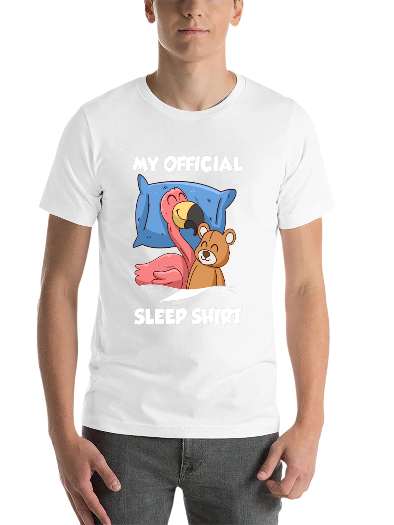 Black Funny Sleep Shirt: Flamingo & Teddy Bear Graphic Tee view 14
