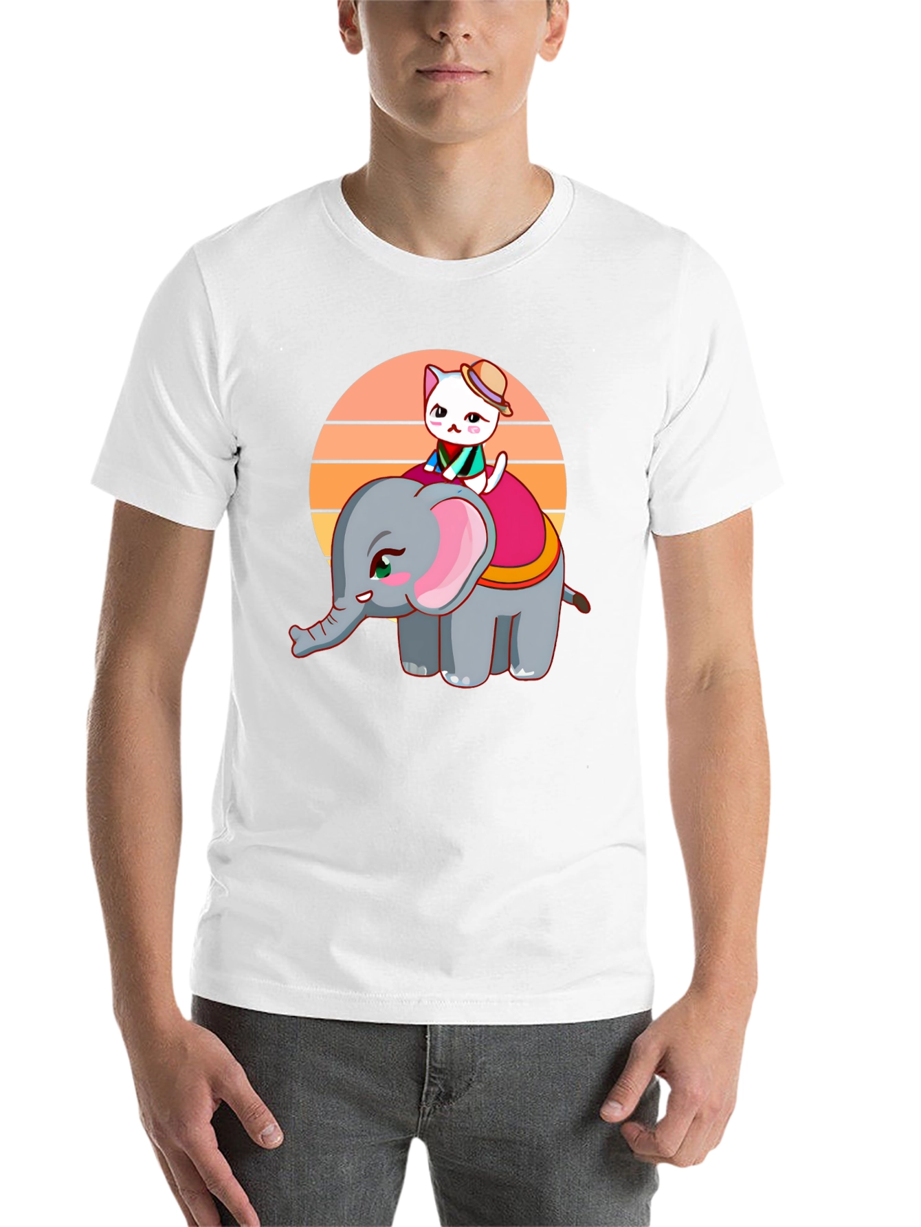 Black Cute Cartoon Elephant and Cat Graphic Tee view 14