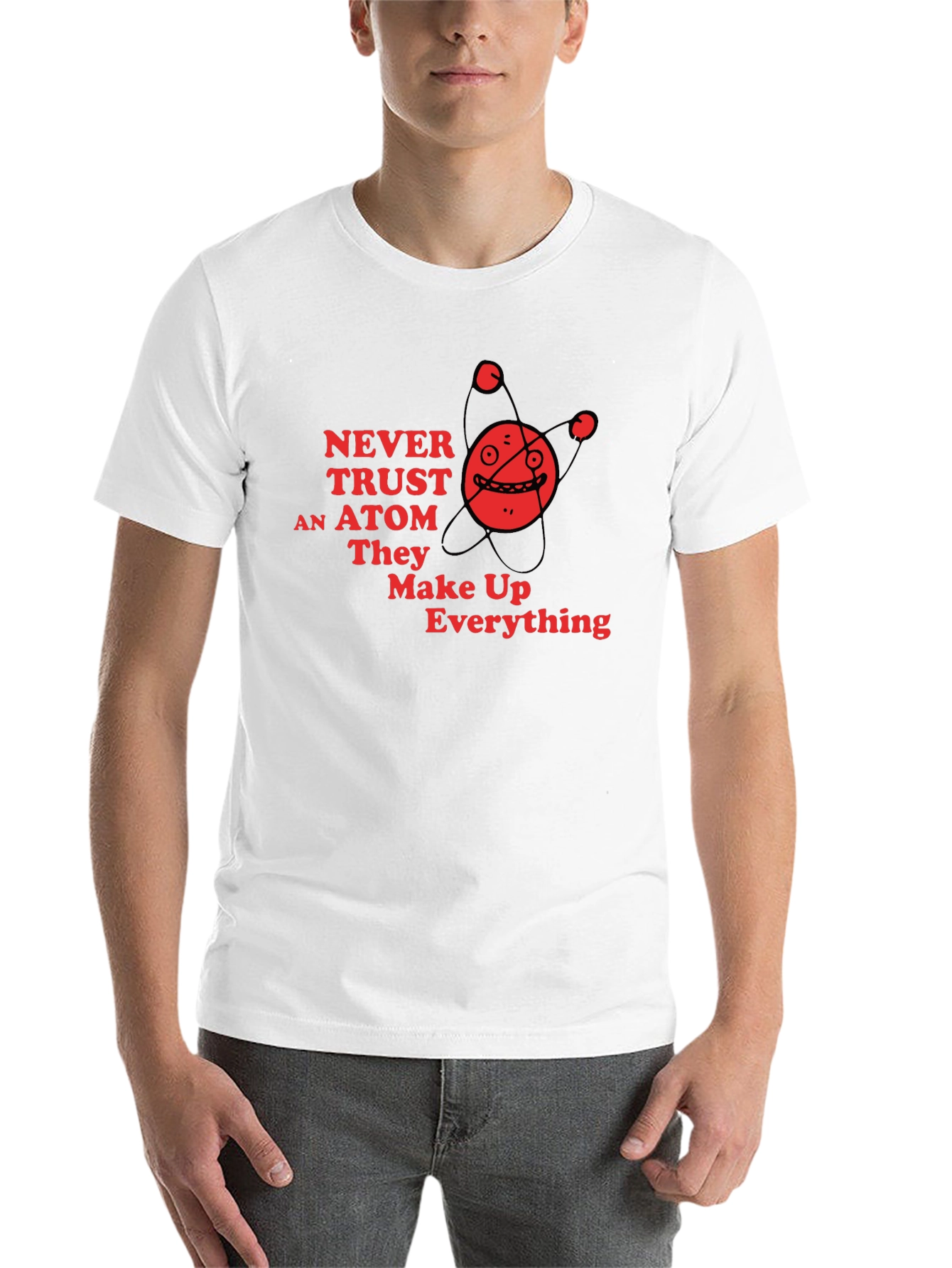 Black Never Trust an Atom Funny Science T-Shirt view 14