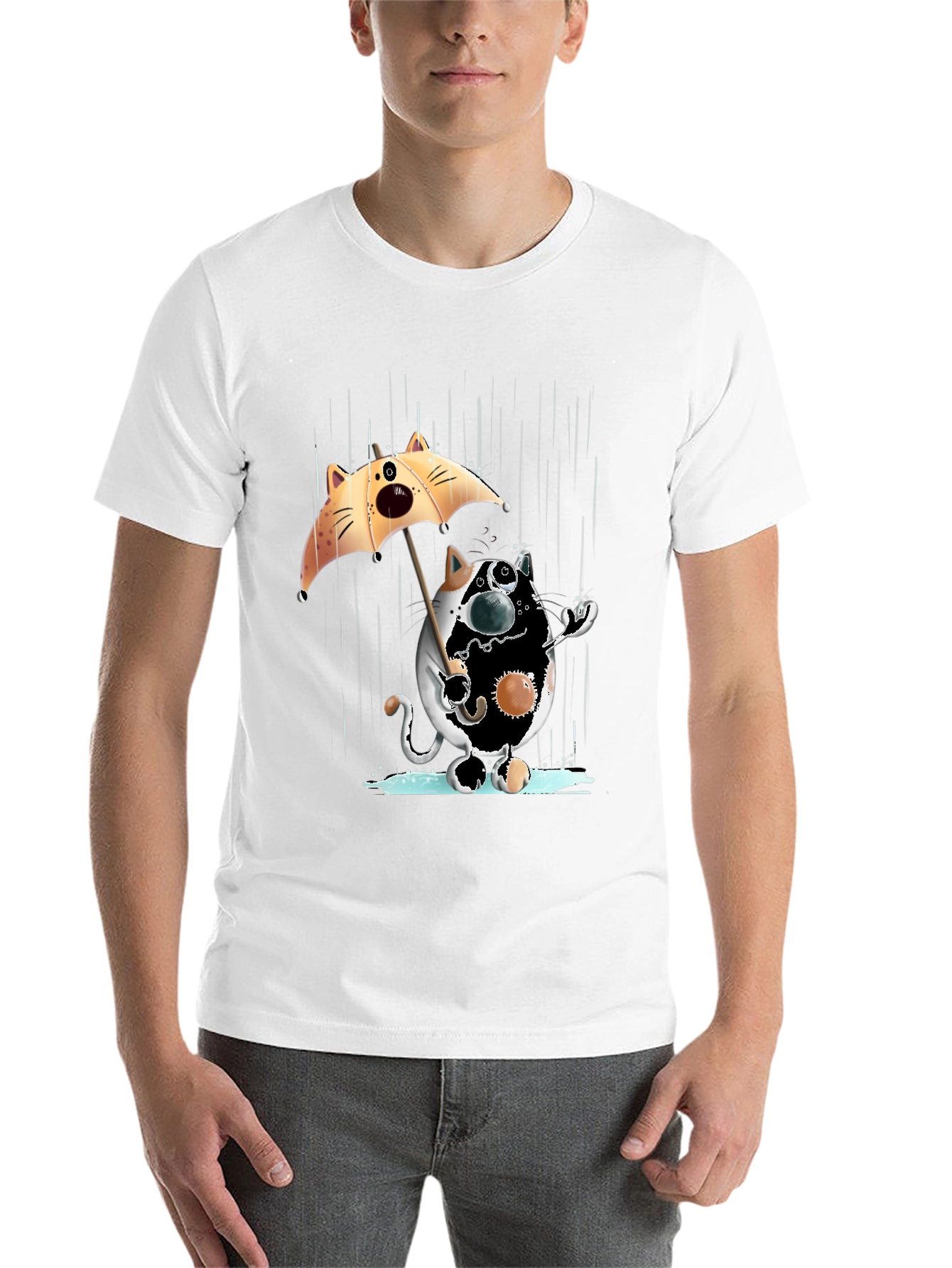 Black Funny Cat in Rain Graphic T-Shirt view 14