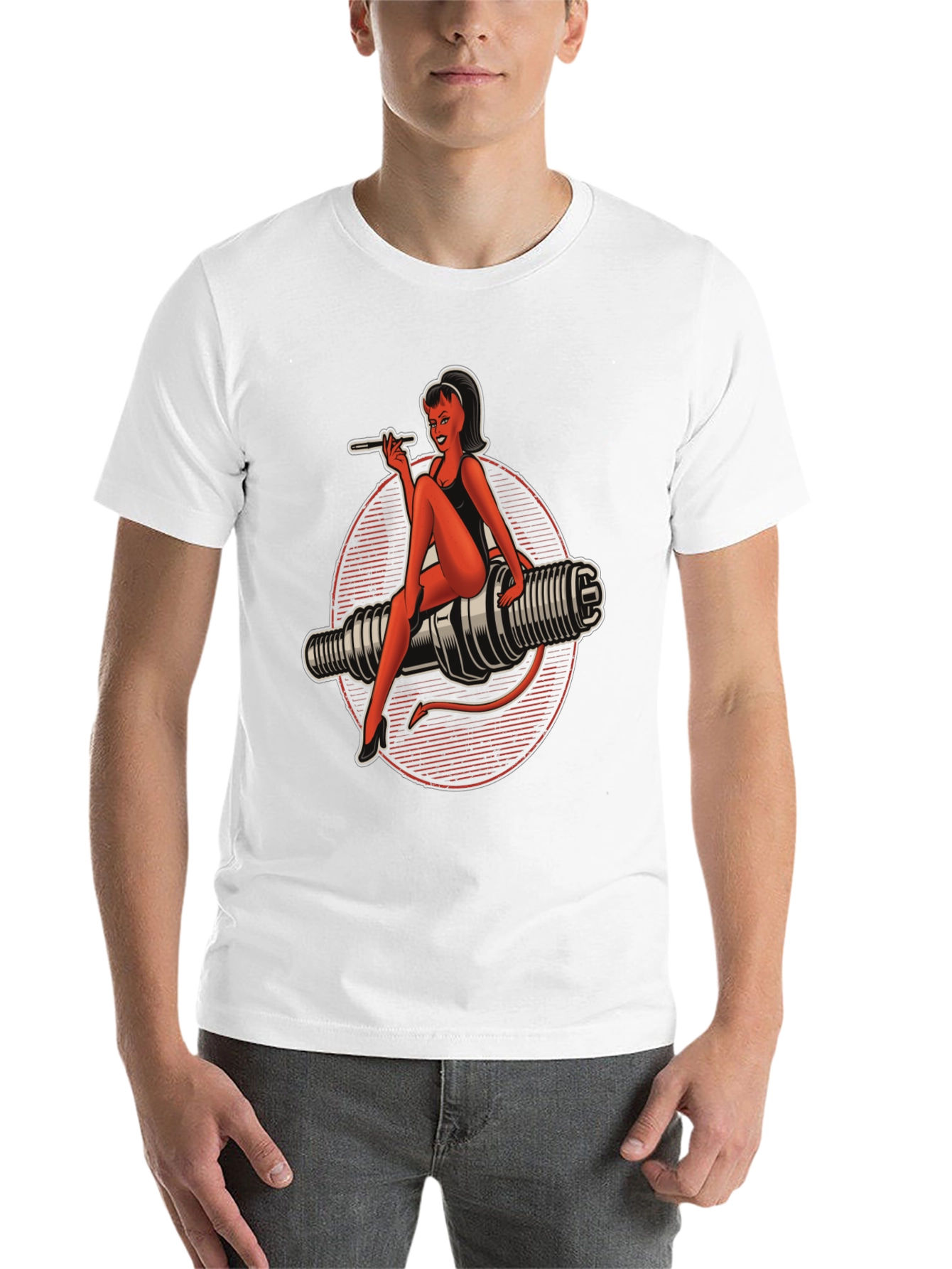 Black Devil Pin-Up Girl Spark Plug Graphic T-Shirt view 14