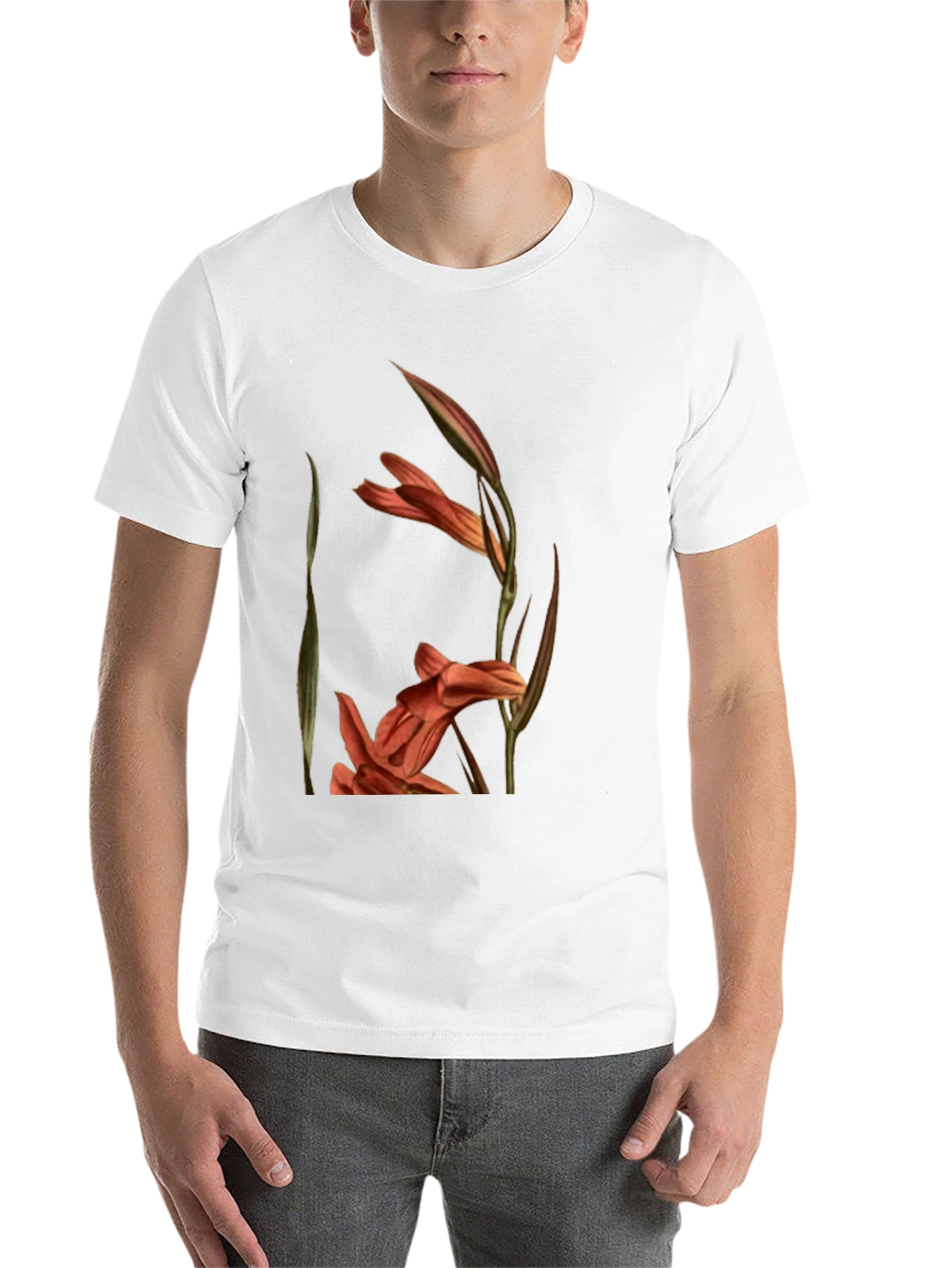 Black Floral Gladiolus Print Black T-Shirt view 14