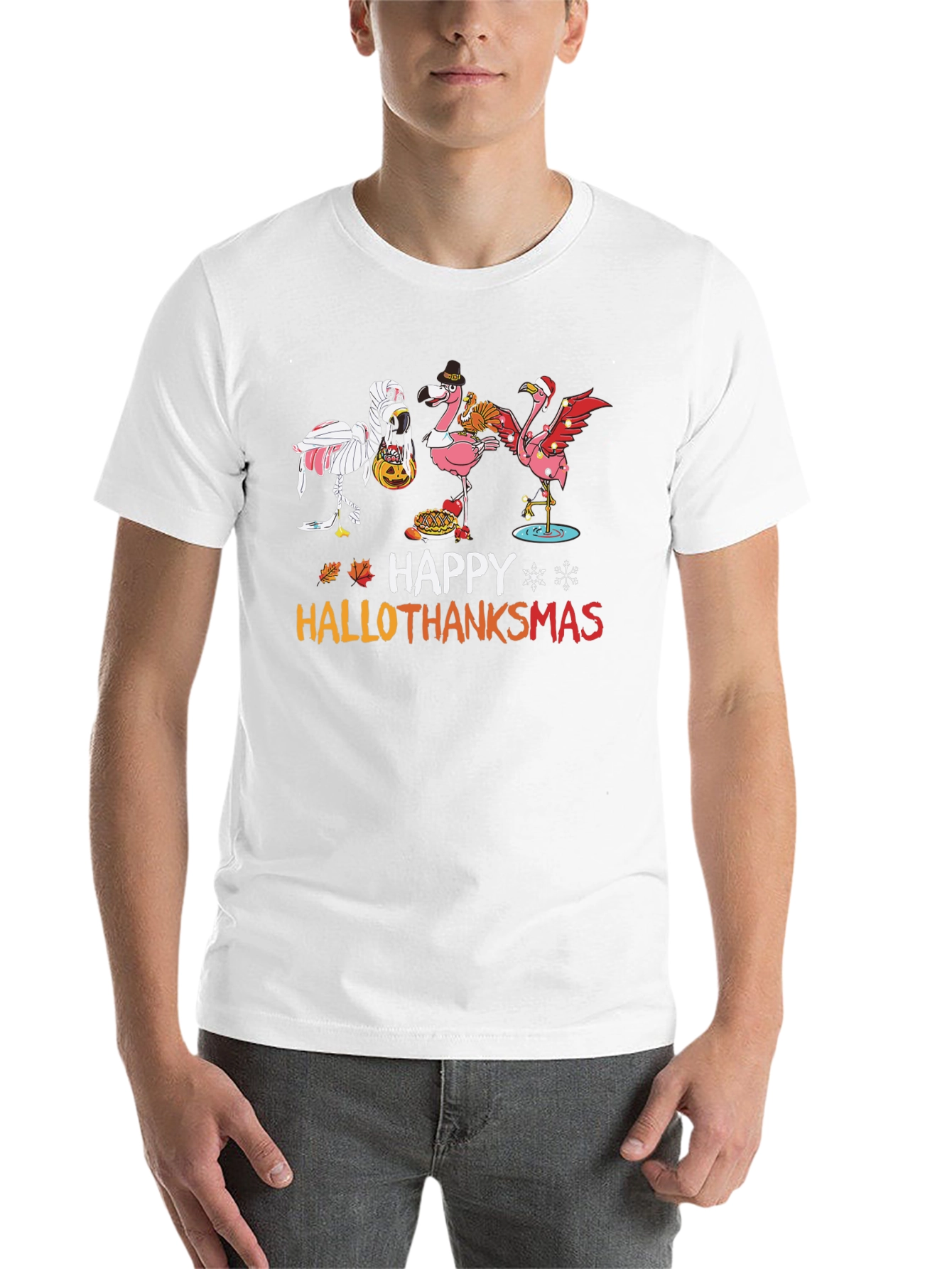 Black Happy Hallothanksmas Flamingo T-Shirt view 14