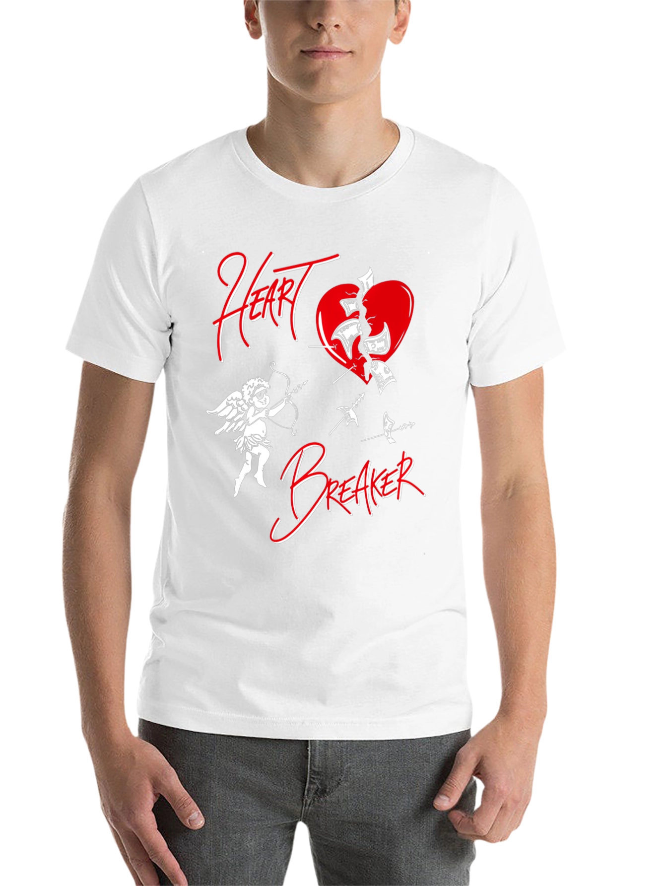 Black Heart Breaker T-Shirt with Cupid and Broken Heart Design view 14