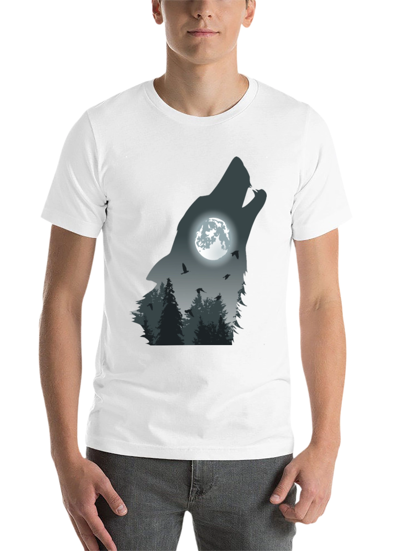 Black Wolf Moon Forest Graphic Tee - Men's Black T-Shirt view 14