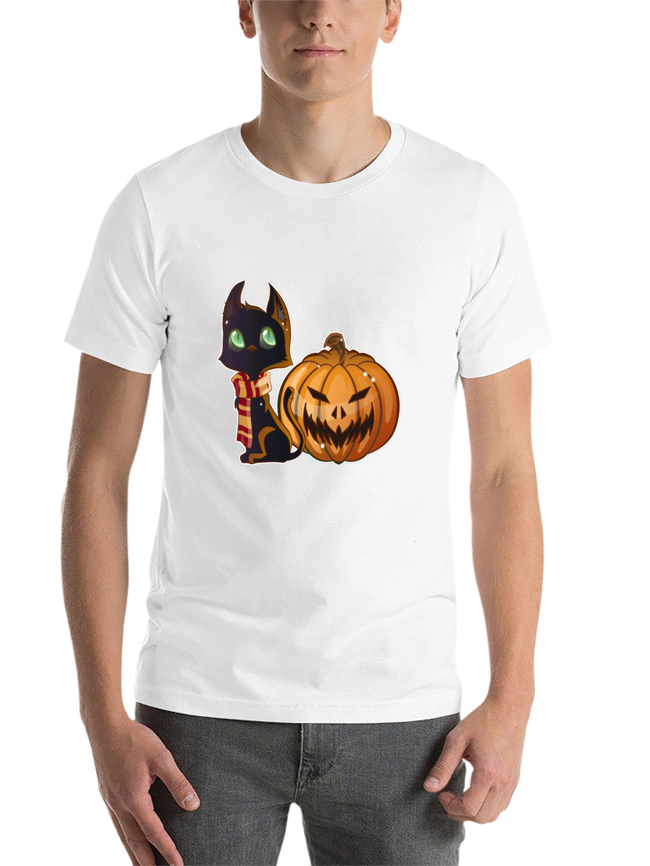 Black Halloween Cat & Pumpkin Black T-Shirt view 14