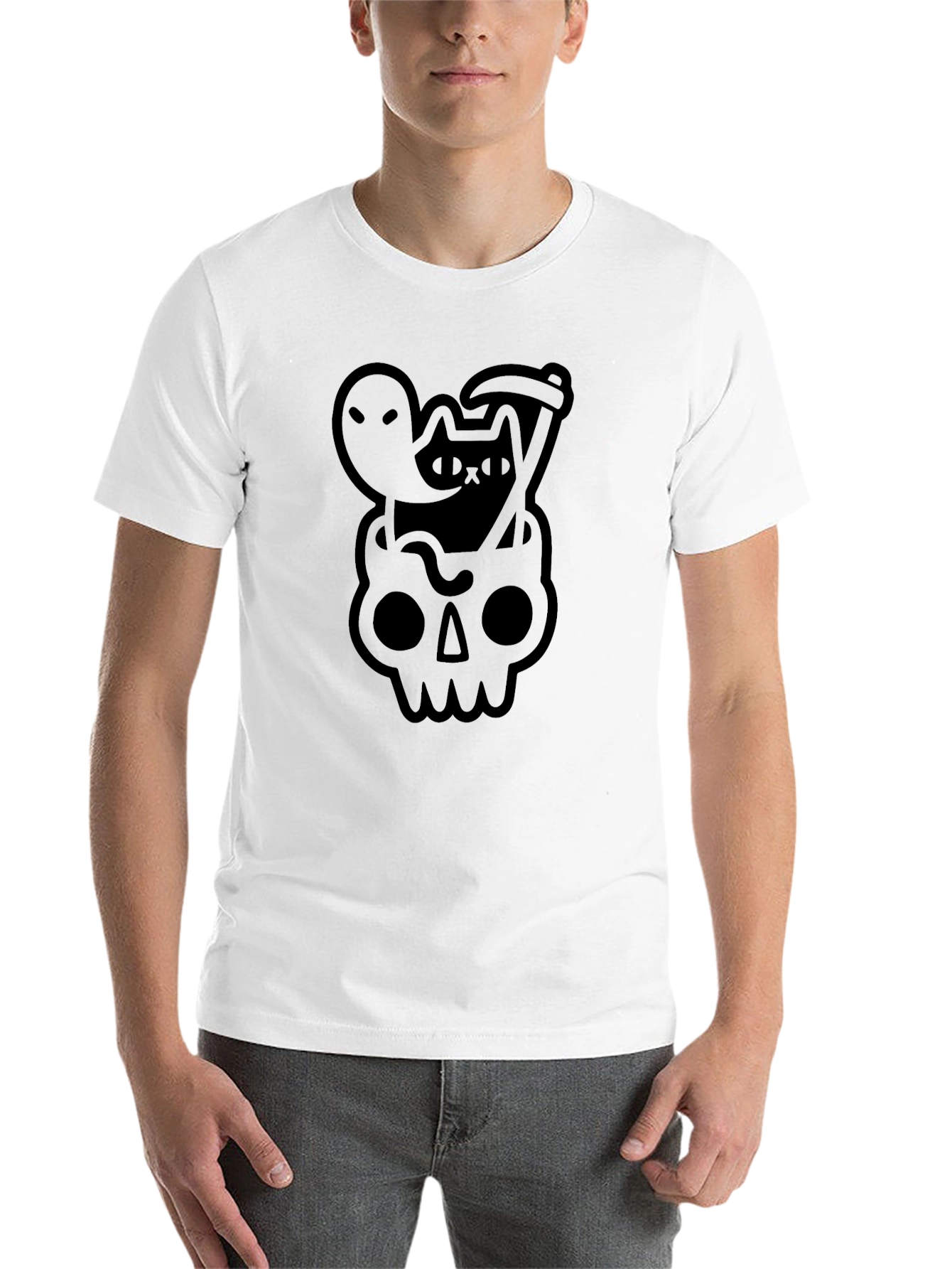 Black Skull Cat Grim Reaper Ghost Graphic Tee - Black view 14