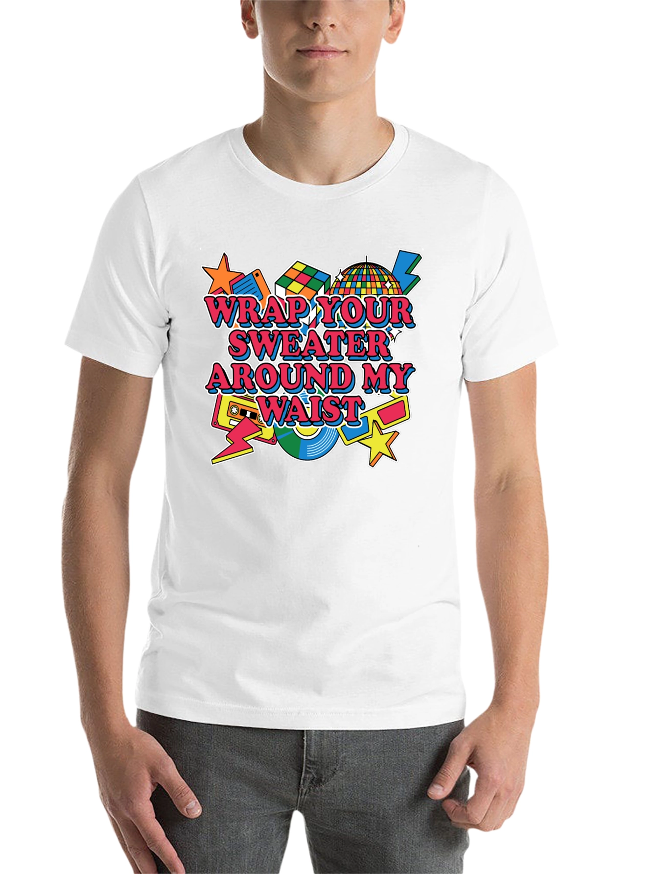 Black Wrap Your Sweater Around My Waist T-Shirt - 80s Retro Style view 14