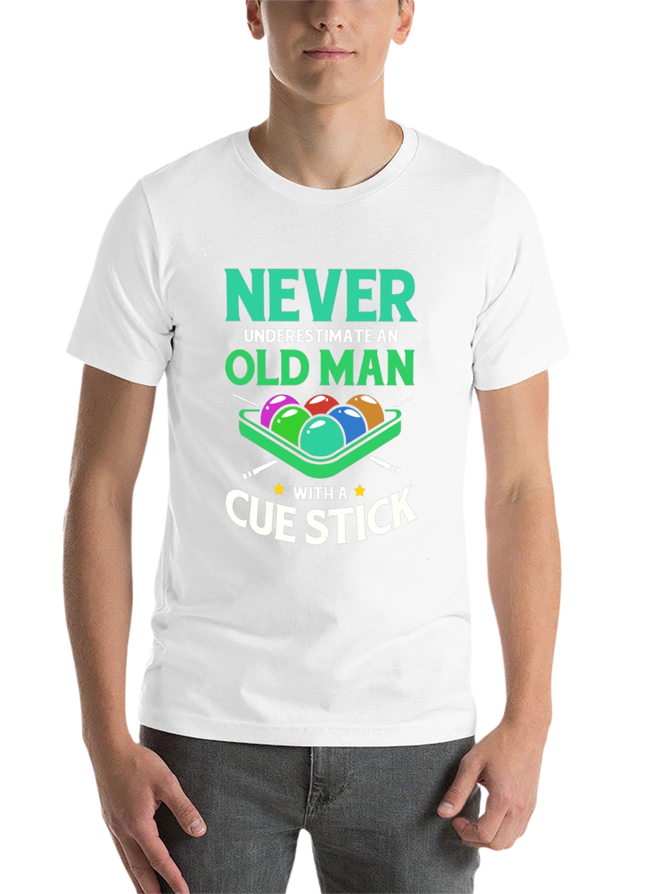 Black Never Underestimate Old Man Cue Stick Graphic Tee view 14