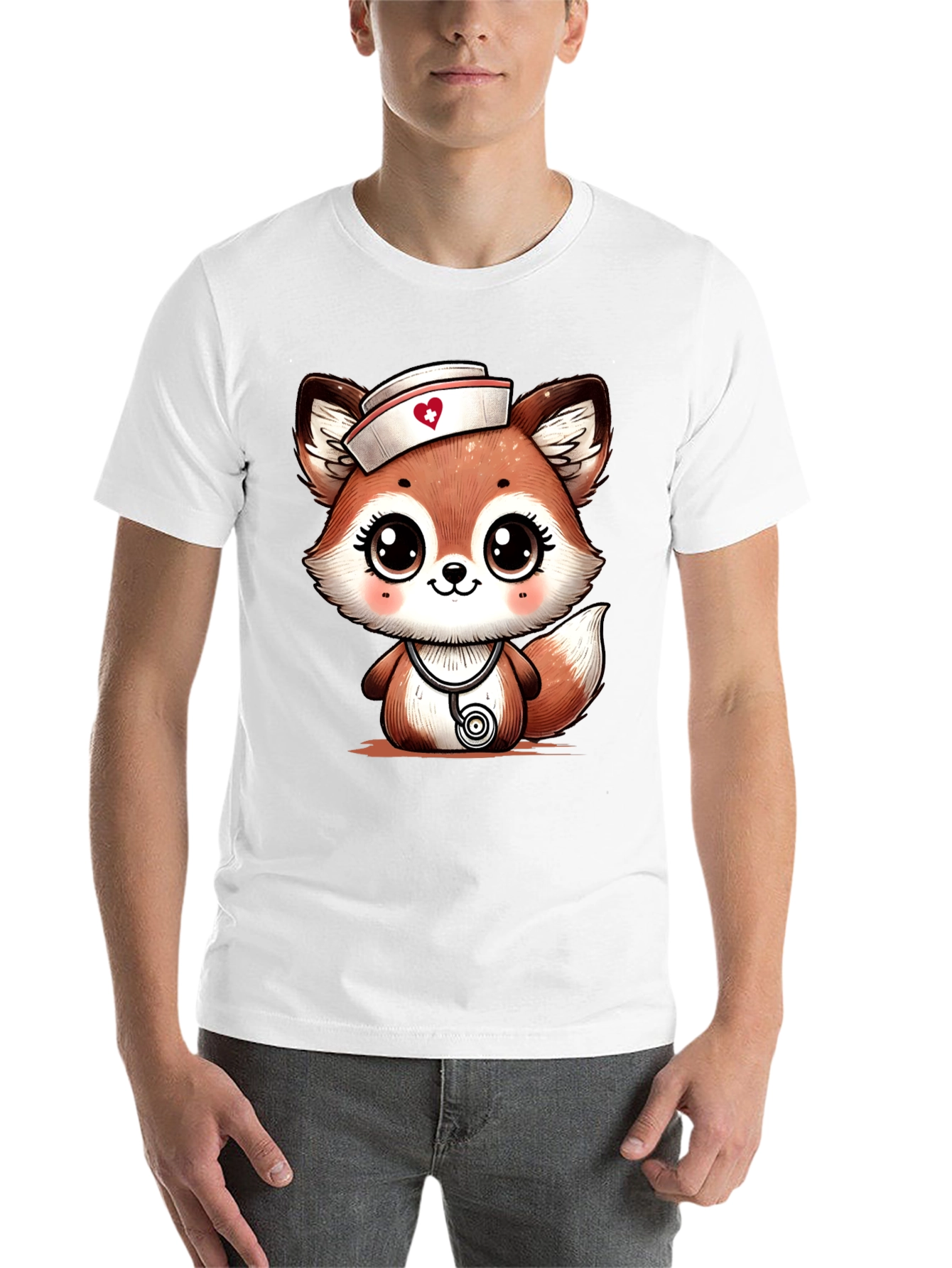 Black Cute Fox Nurse T-Shirt - Cartoon Animal Tee view 14