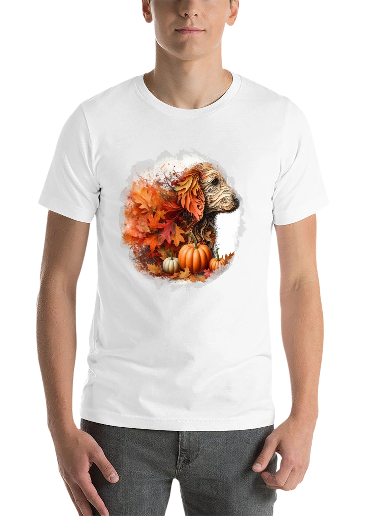 Black Fall Dog T-Shirt: Autumn Leaves & Pumpkin Design view 14