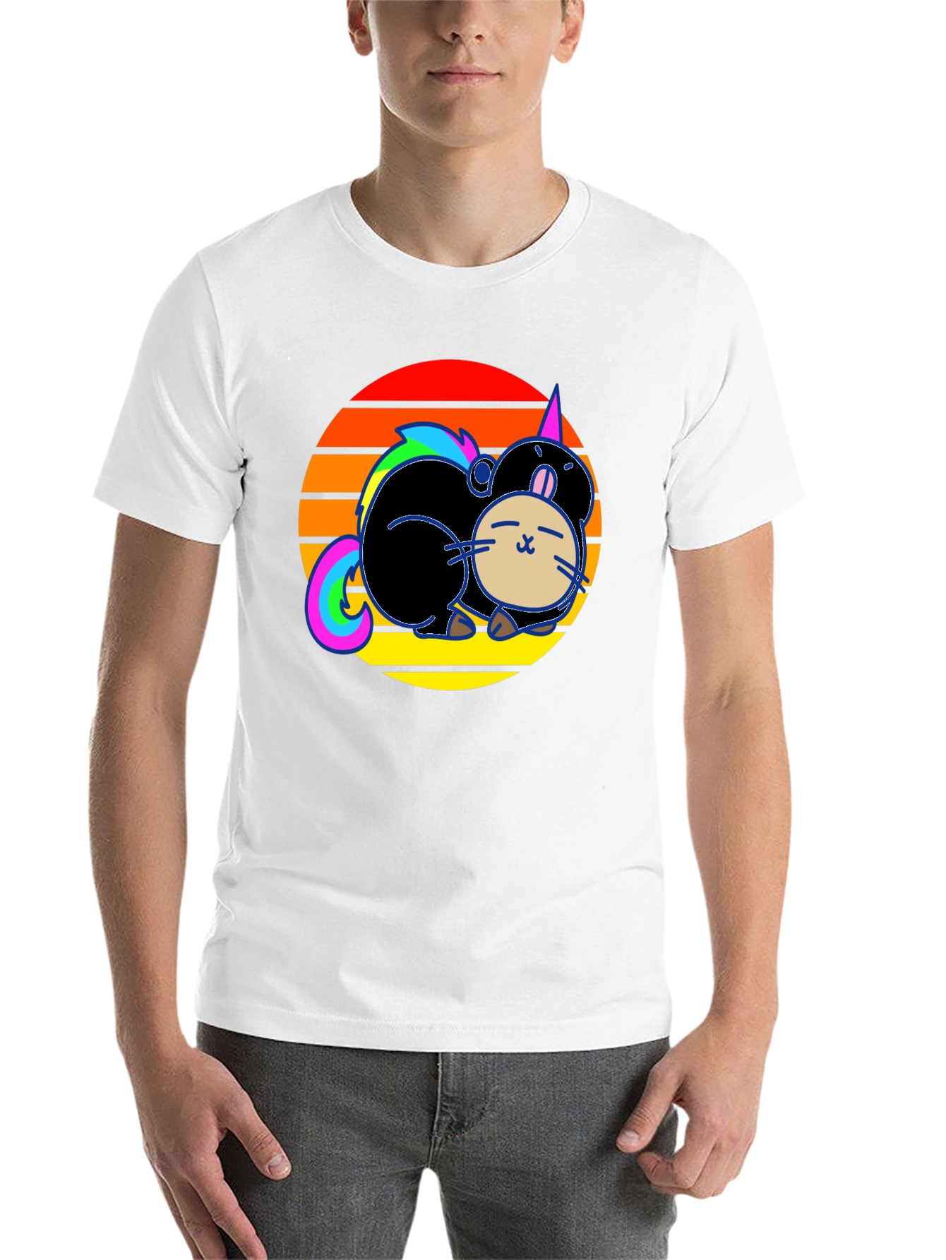 Black Cute Cartoon Unicorn Cat Sunset Graphic T-Shirt view 14