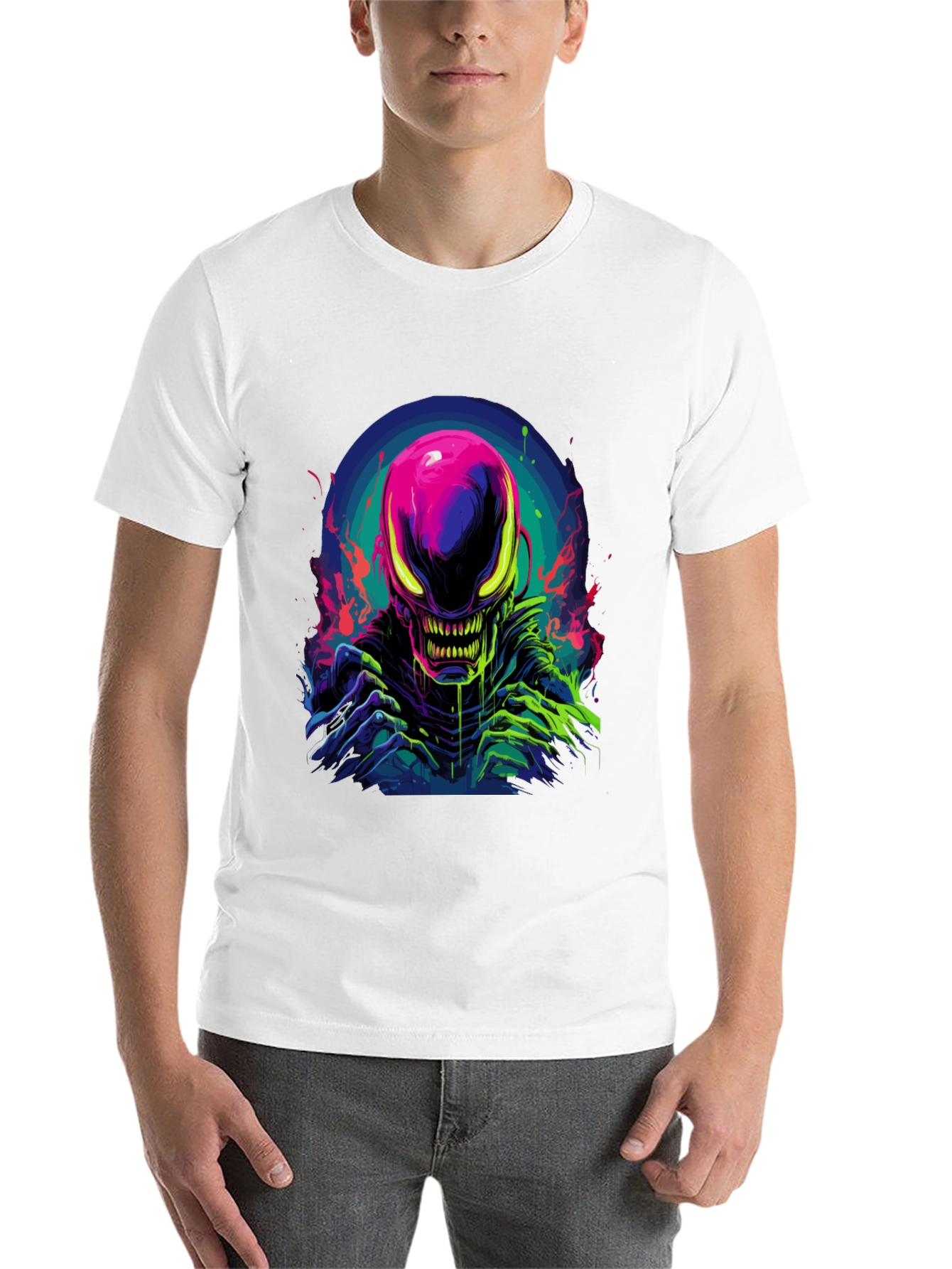 Black Neon Alien Graphic Black T-Shirt view 14