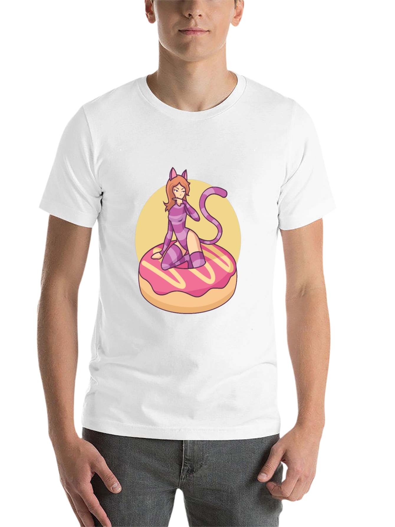 Black Black T-Shirt with Cat Girl on Donut Design view 14