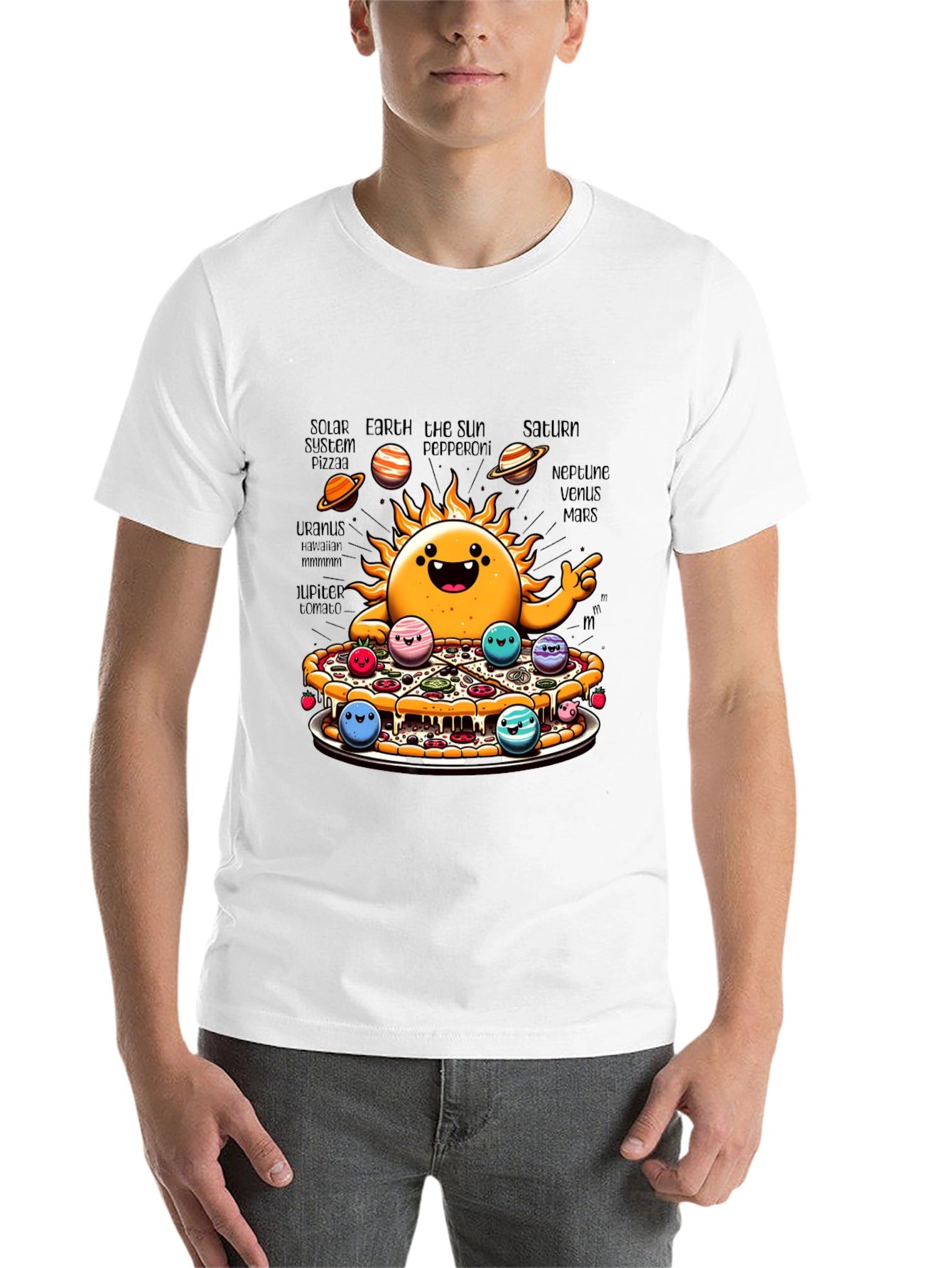 Black Solar System Pizza Funny Graphic Tee view 14