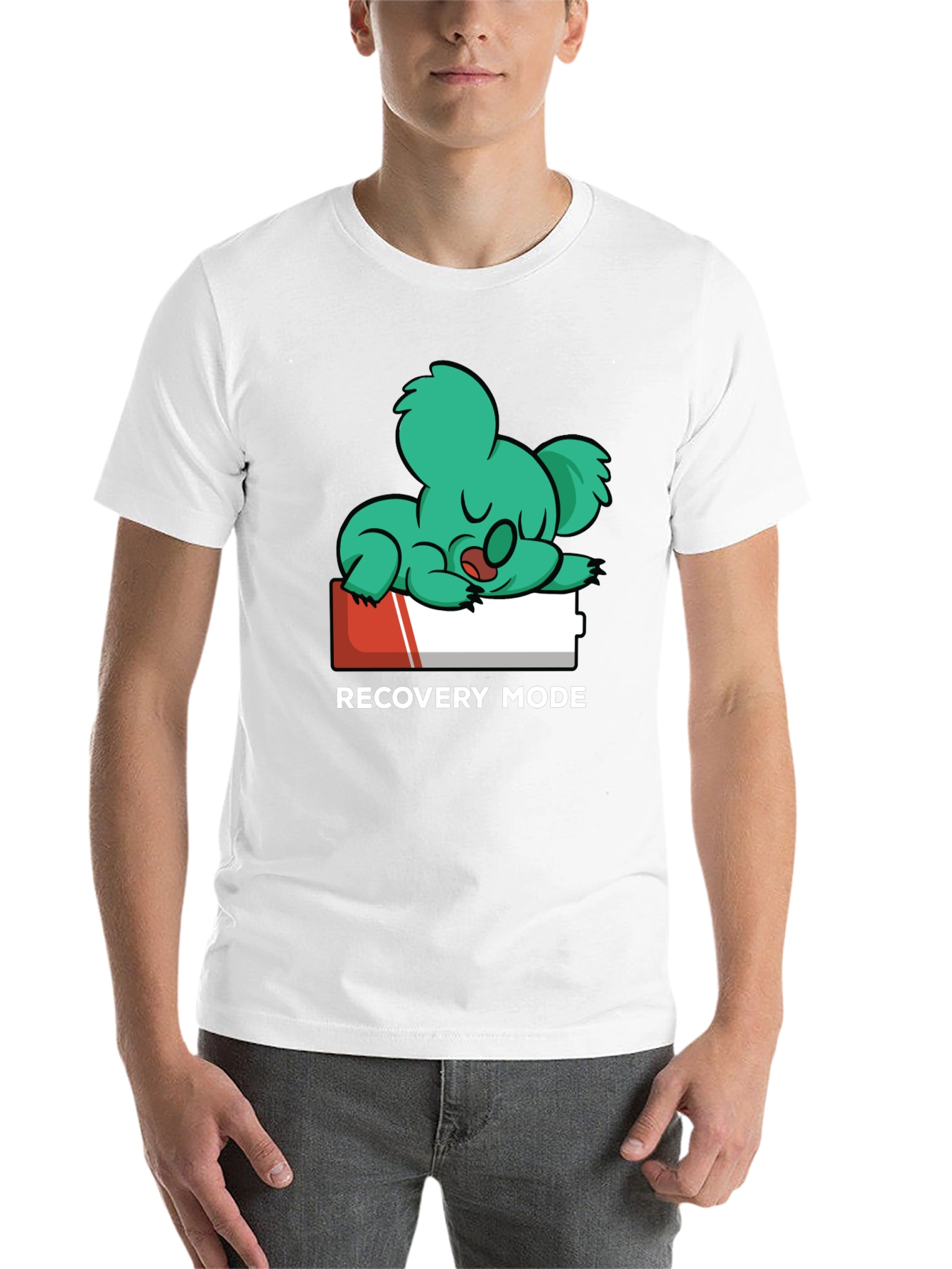 Black Recovery Mode T-Shirt: Sleepy Koala on Low Battery view 14