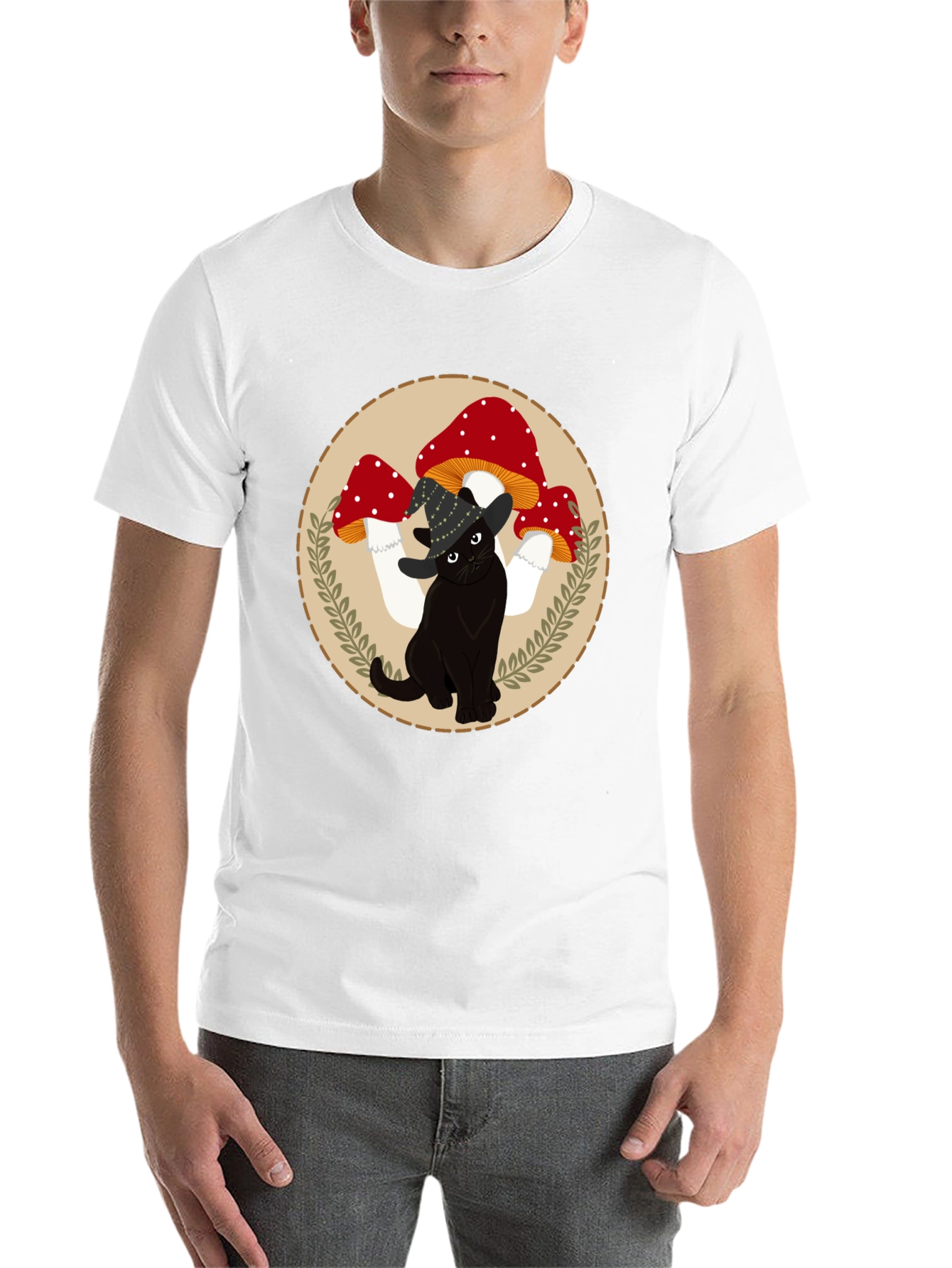 Black Black Cat & Mushroom T-Shirt - Whimsical Graphic Tee view 14