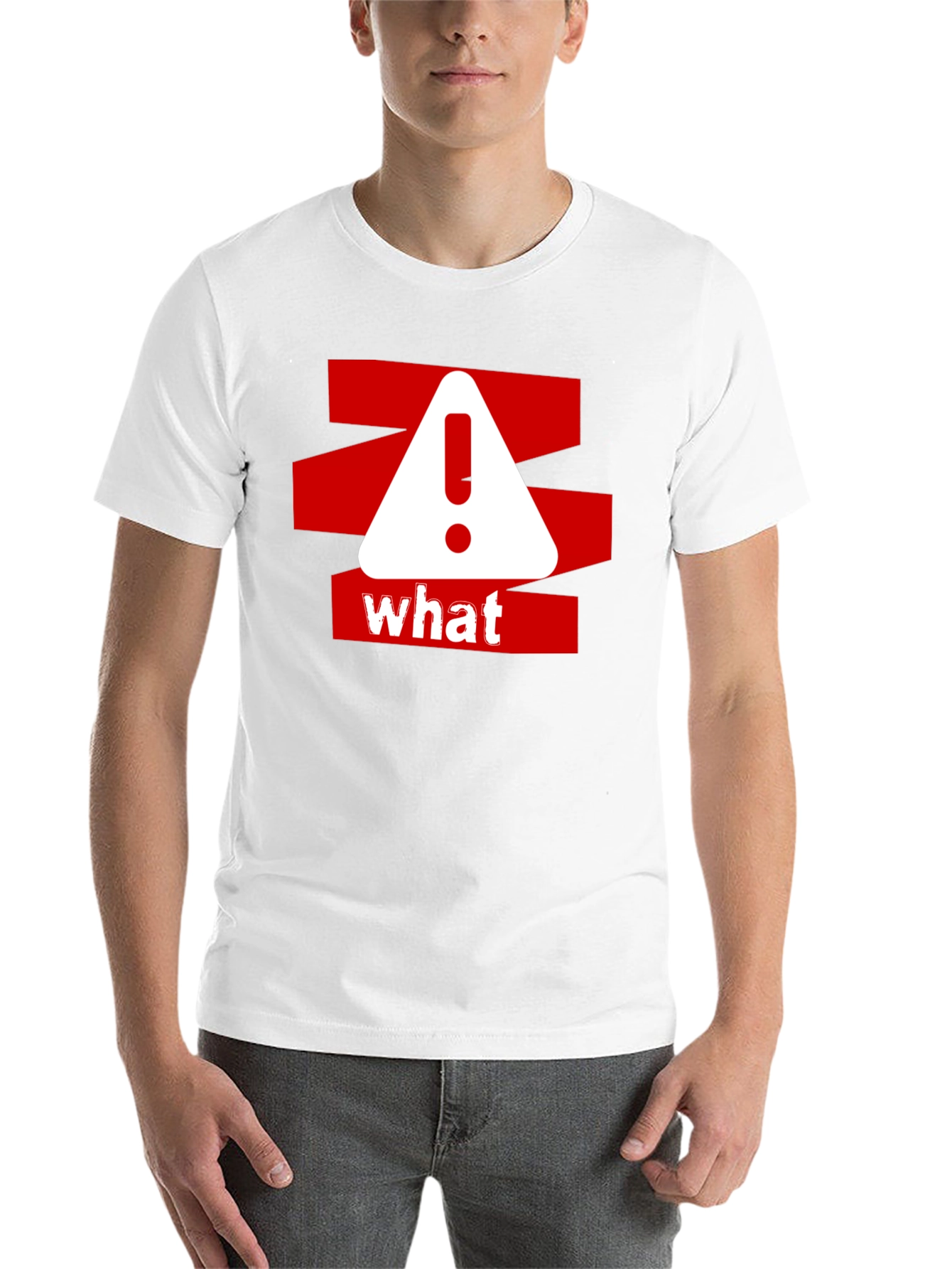 Black What? Graphic Tee - Red and White Warning Design on Black Cotton Shirt view 14