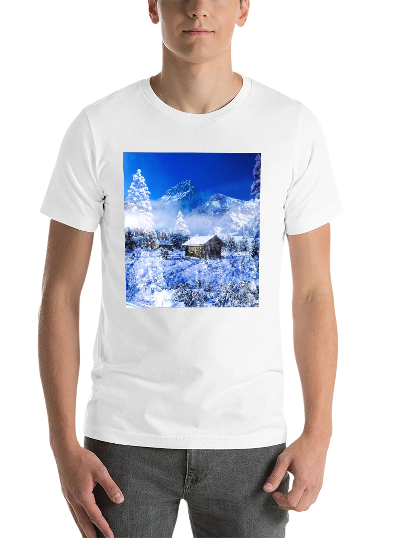 Black Winter Cabin T-Shirt: Mountain Scenery Tee view 14
