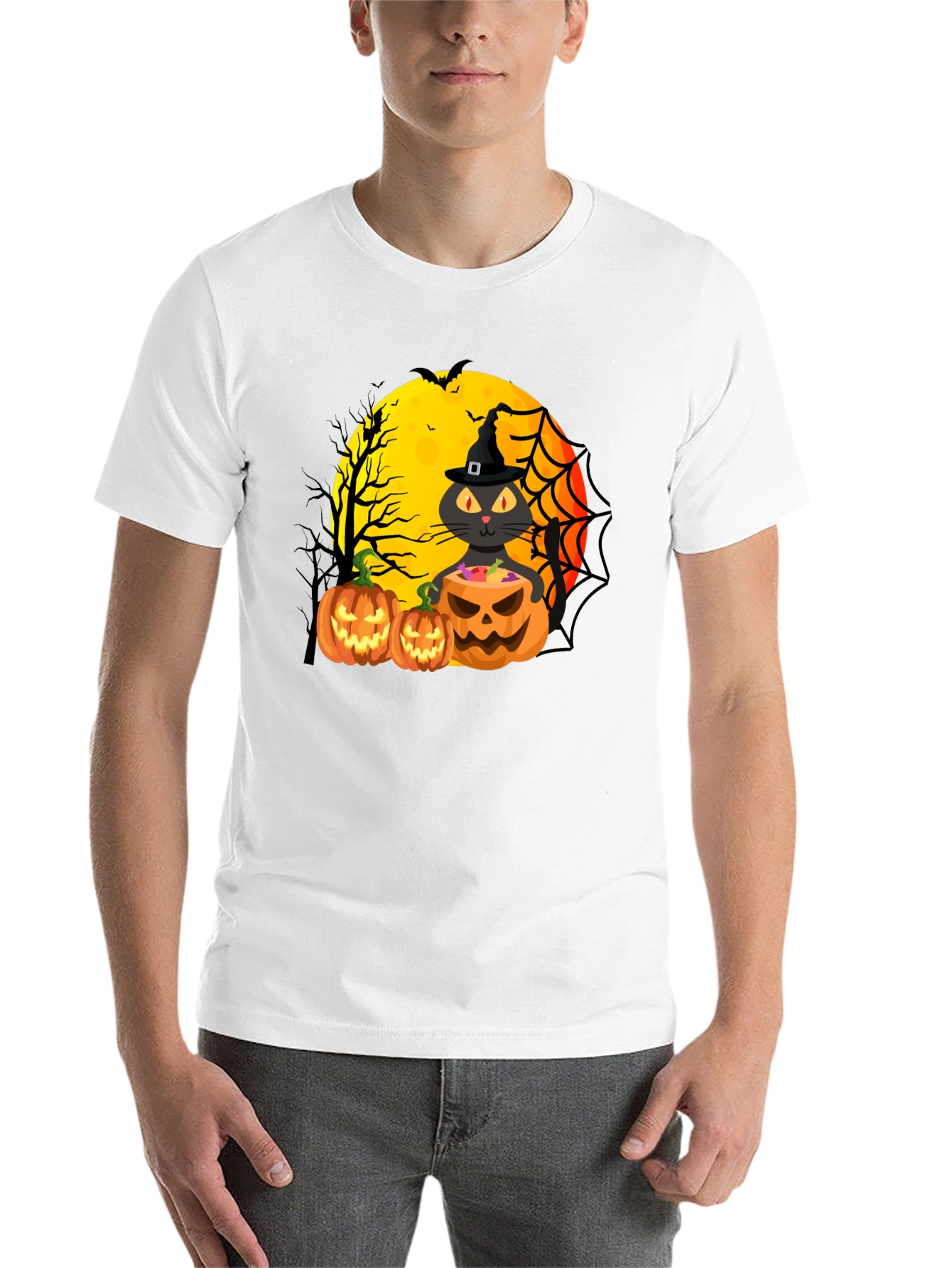 Black Halloween Cat & Pumpkins Black T-Shirt view 14