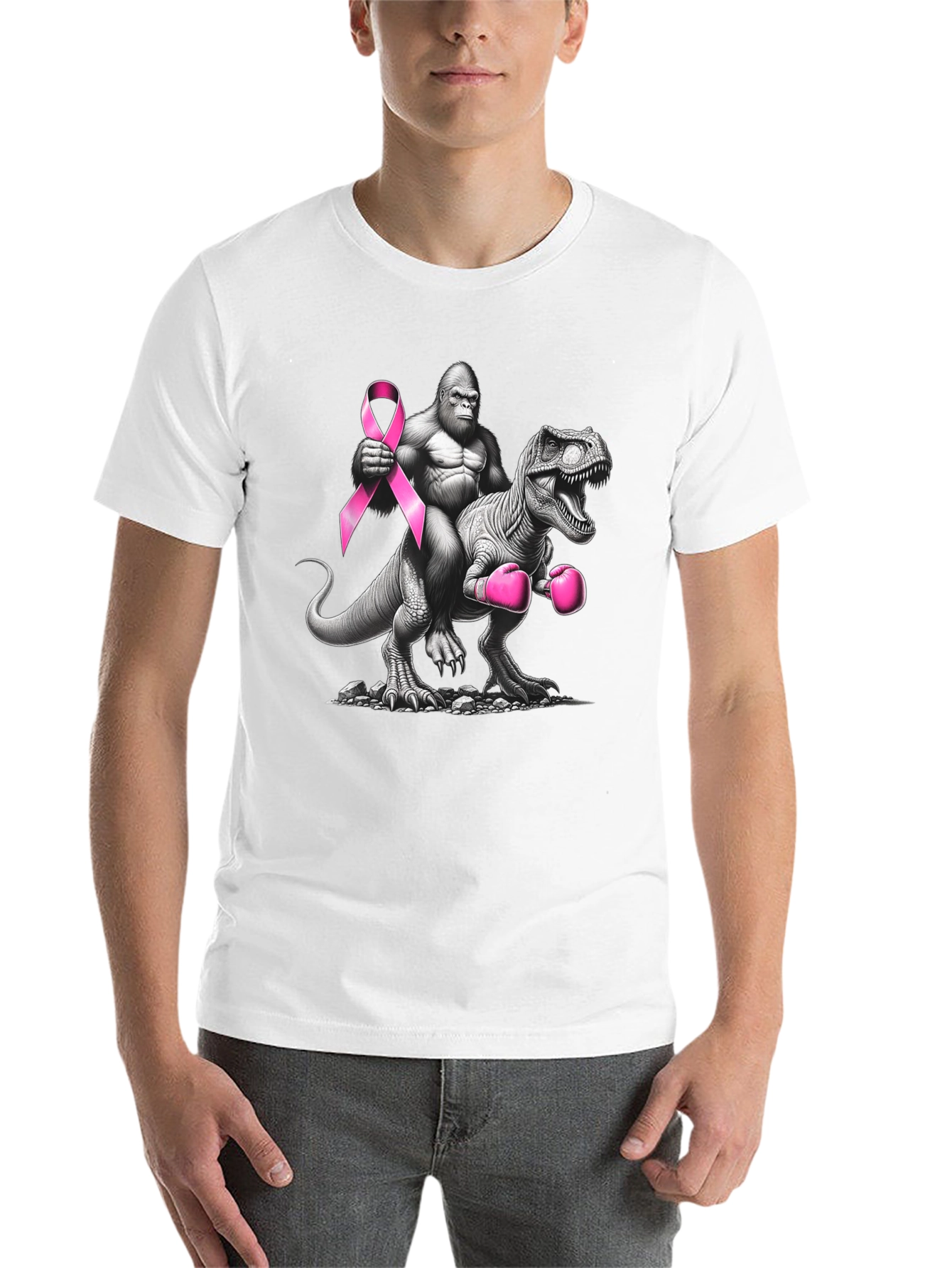 Black Gorilla Riding Dino Breast Cancer Awareness T-Shirt view 14