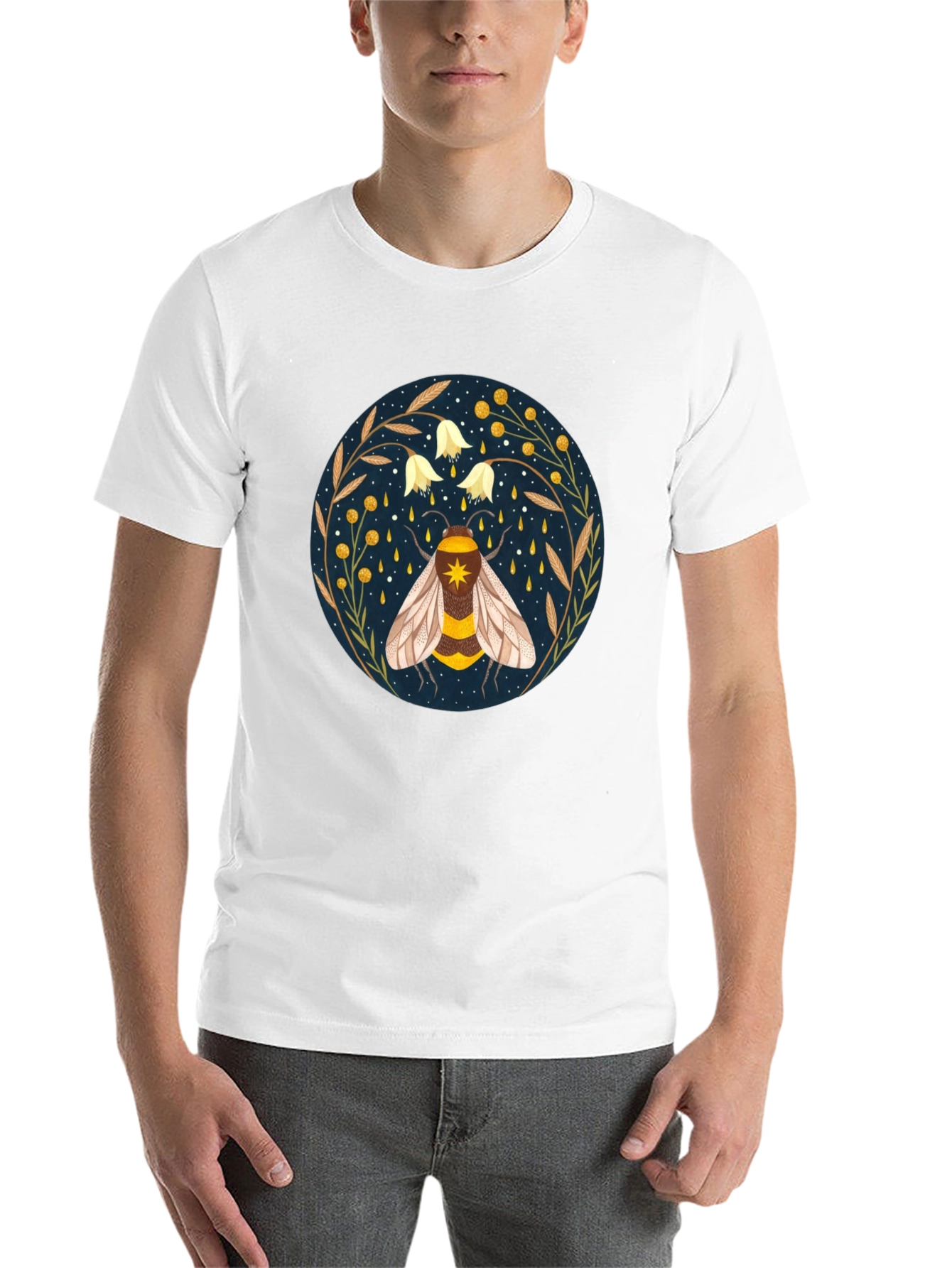 Black Enchanted Bee Graphic Tee - Celestial Honeycomb Design view 14