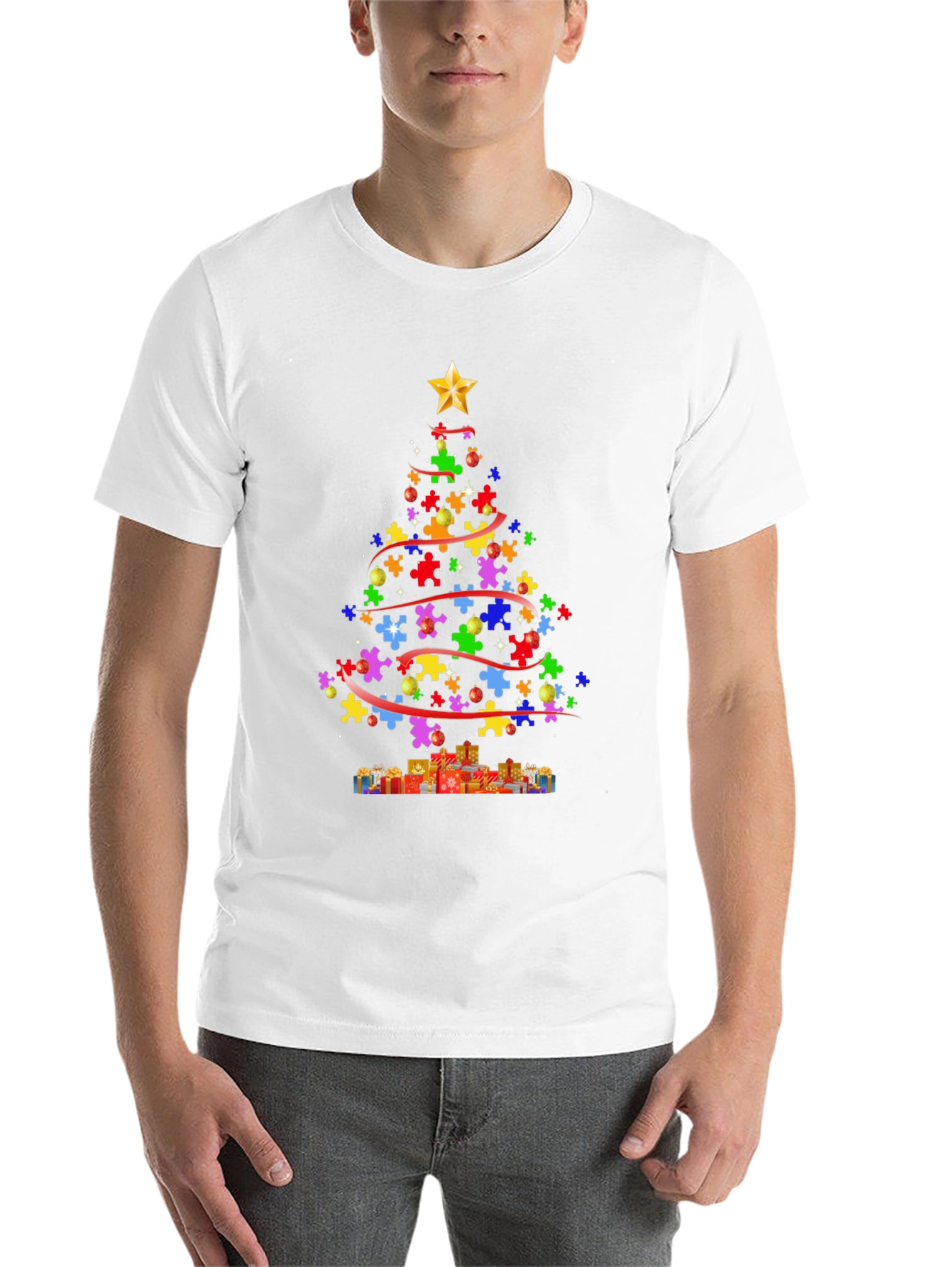 Black Puzzle Piece Christmas Tree T-Shirt view 14