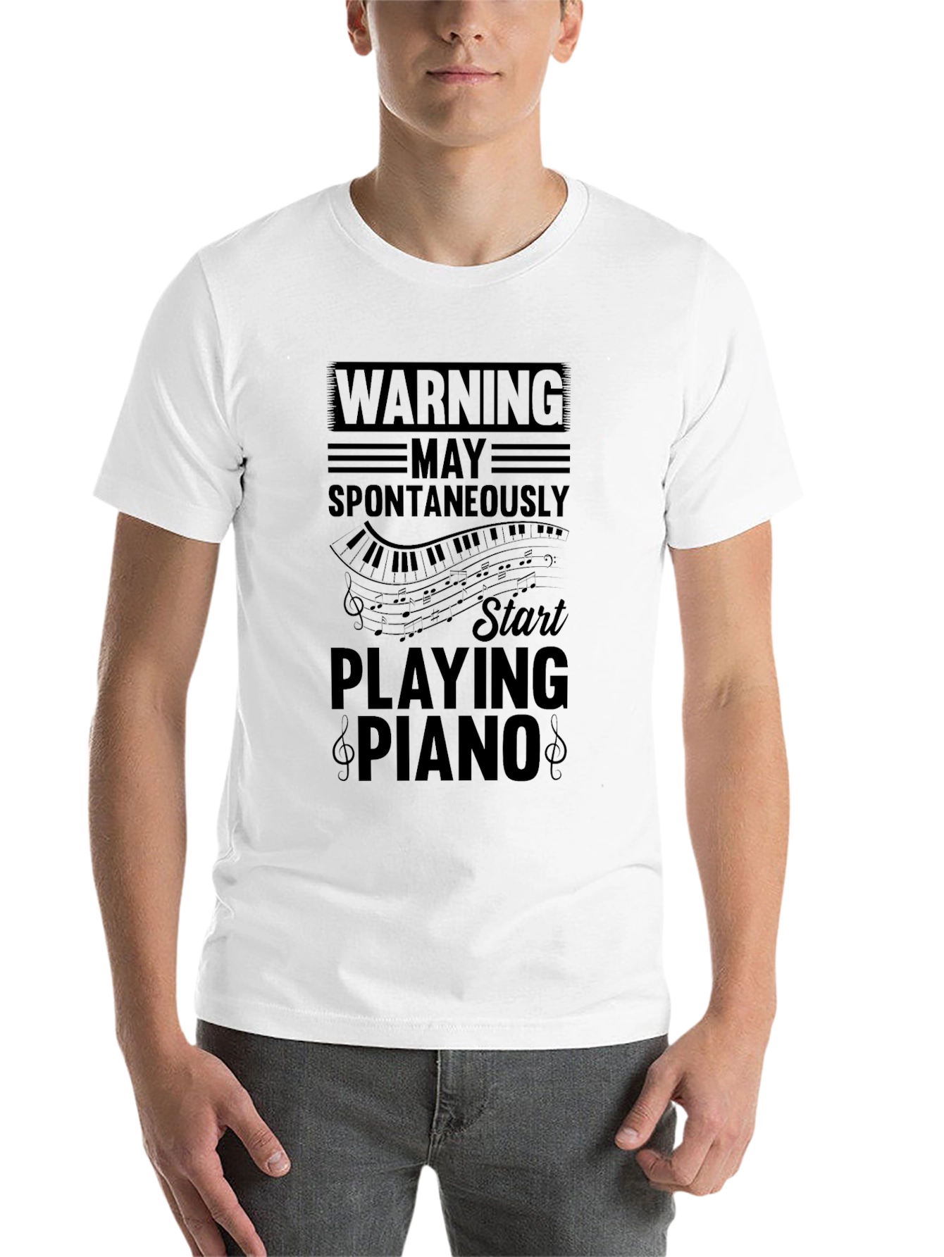 Black Warning: May Spontaneously Play Piano Graphic Tee view 14