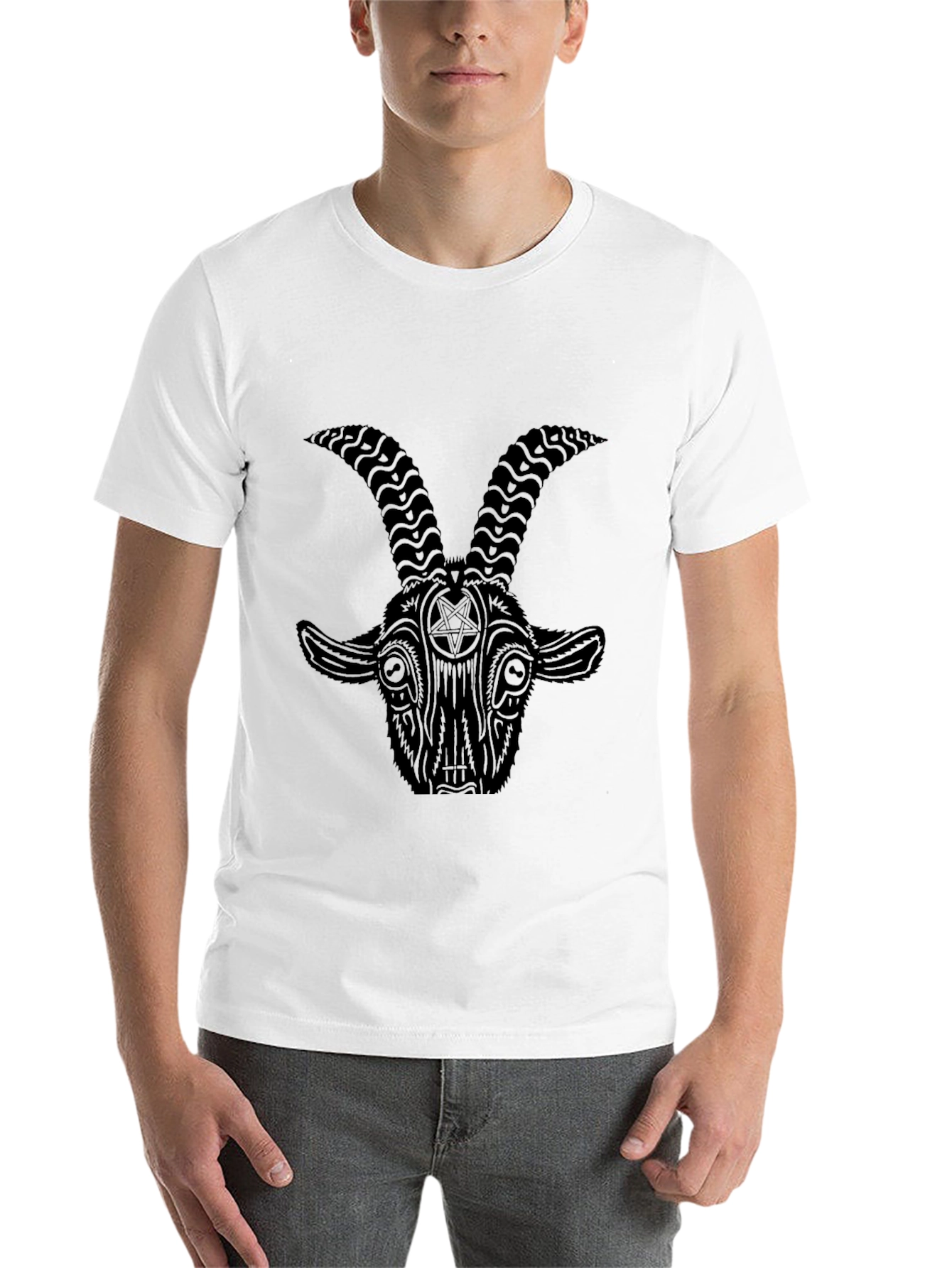Black Baphomet Goat Head Graphic Print Black T-Shirt view 14