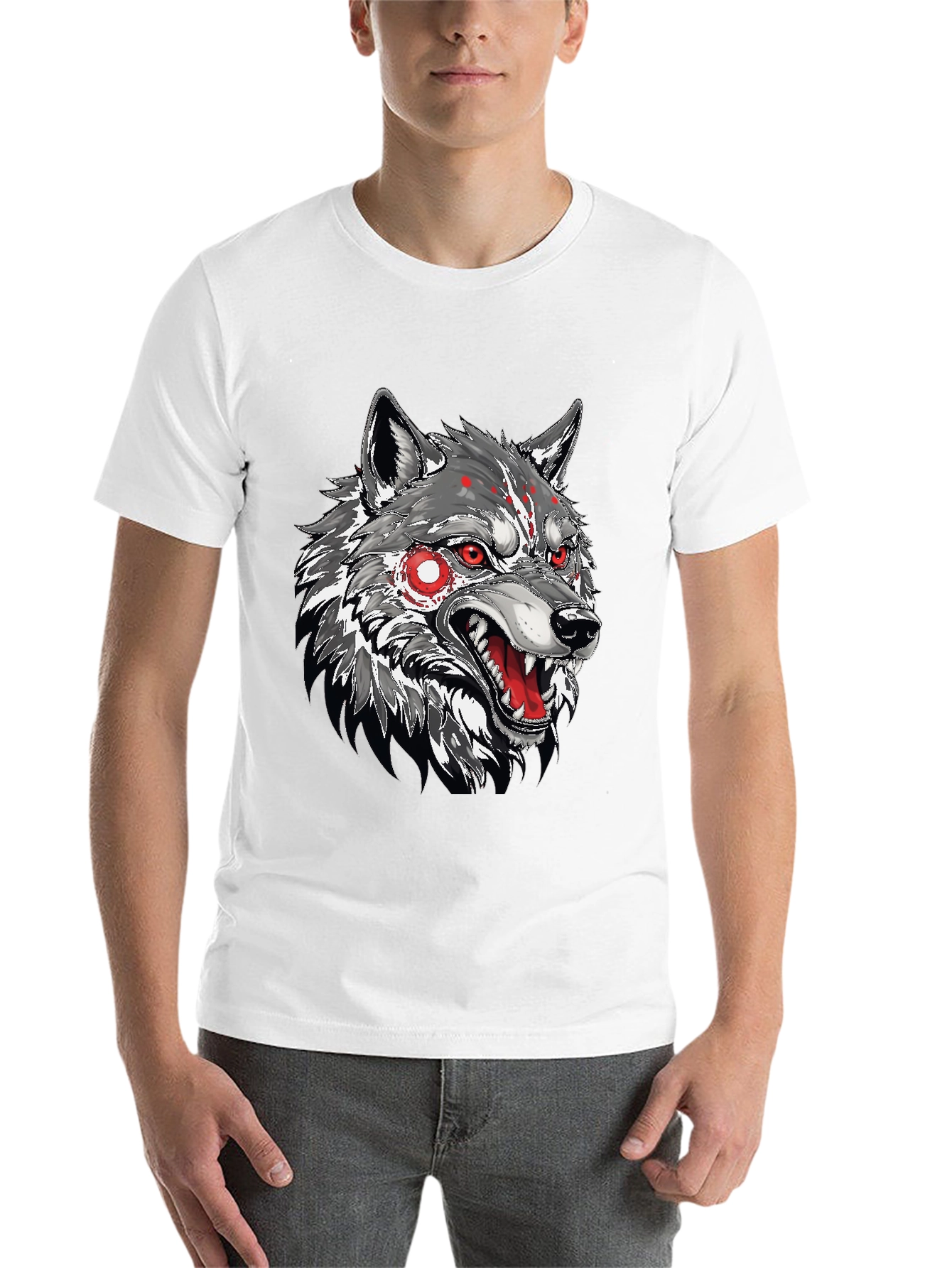 Black Men's Black T-Shirt with Wolf Graphic view 14