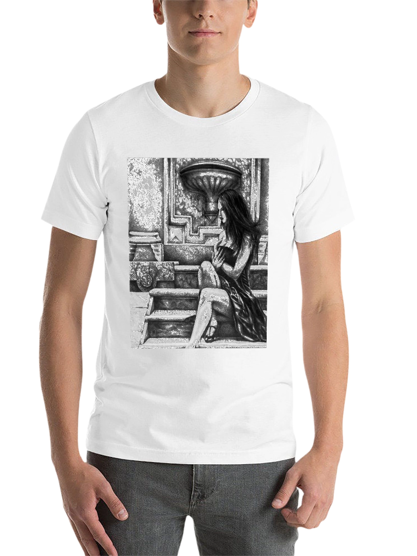 Black Gothic Beauty Tee - Woman on Steps Graphic T-Shirt view 14