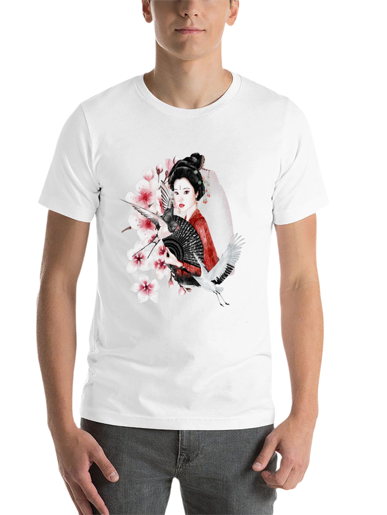 Black Asian Geisha Crane T-Shirt - Stylish Graphic Tee view 14