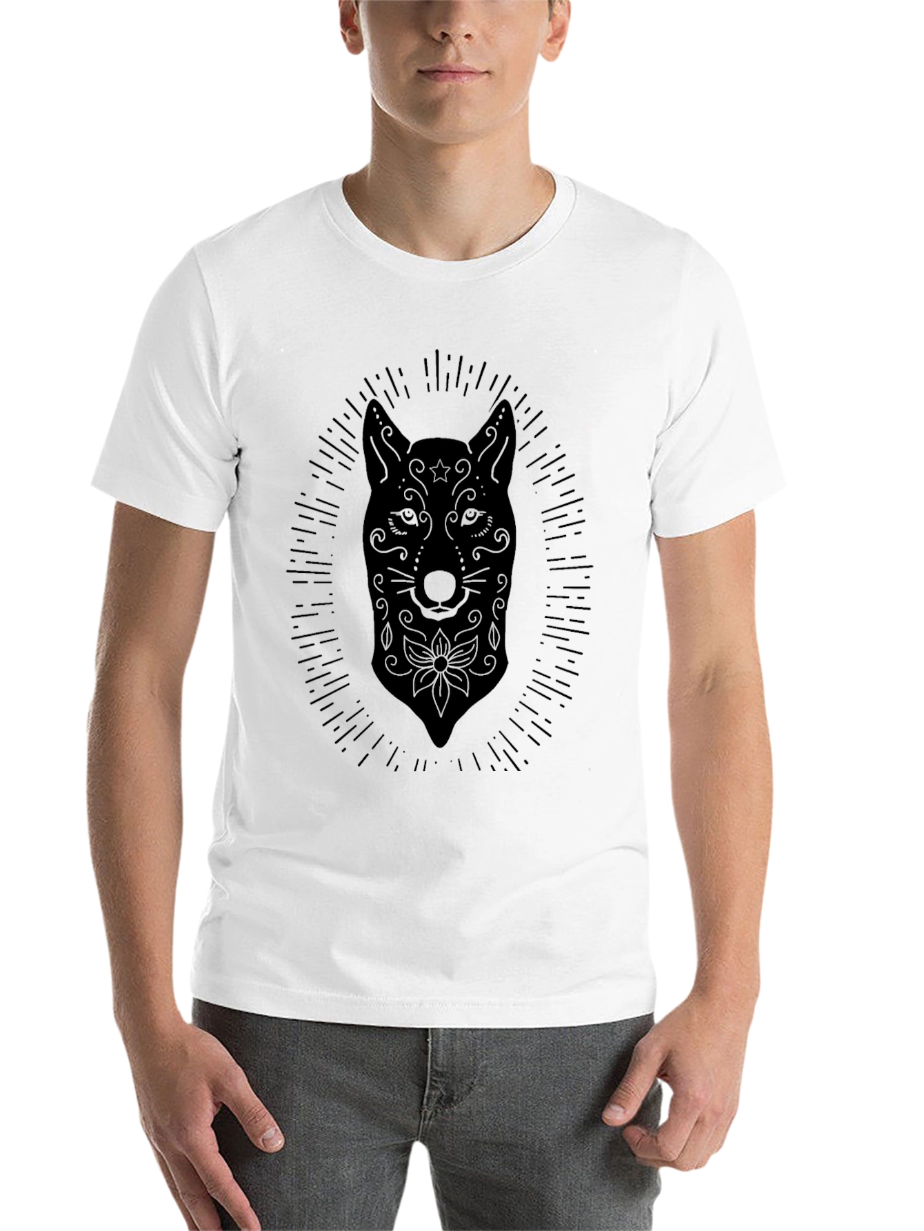Black Black Graphic Tee - Sugar Skull Wolf Design view 14