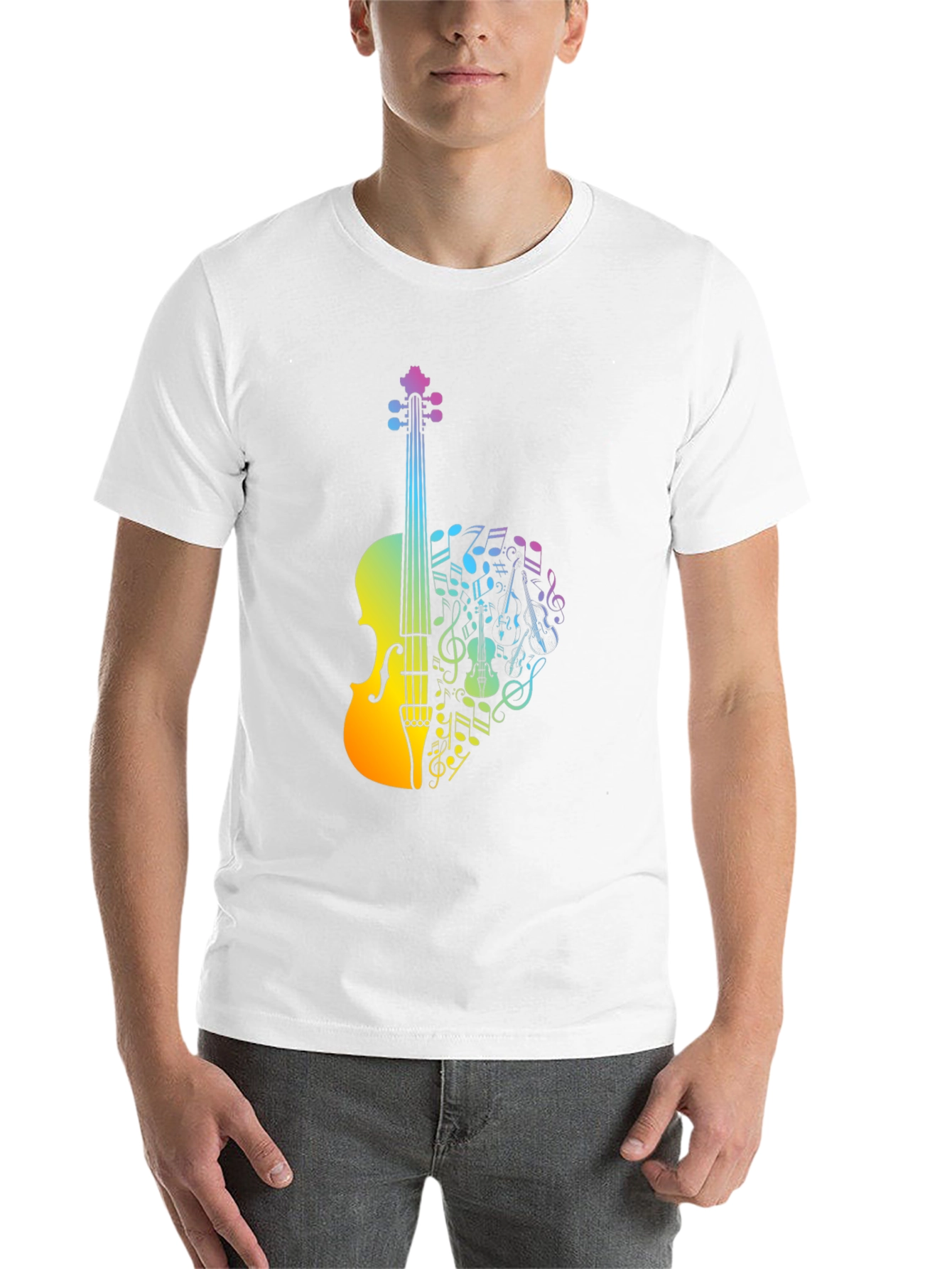 Black Musical Violin T-Shirt - Rainbow Notes Design view 14