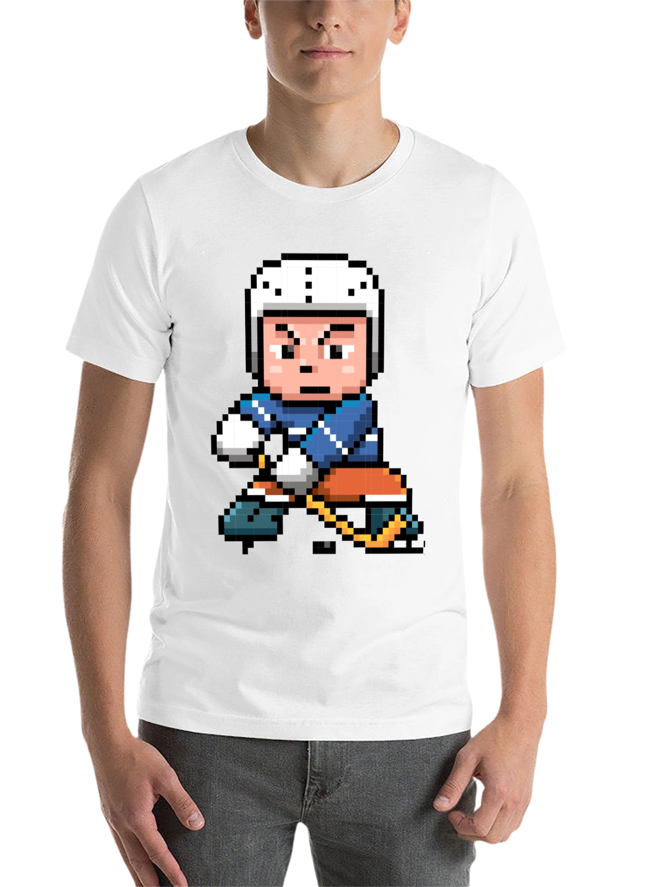 Black Retro Pixel Hockey Player Graphic T-Shirt view 14