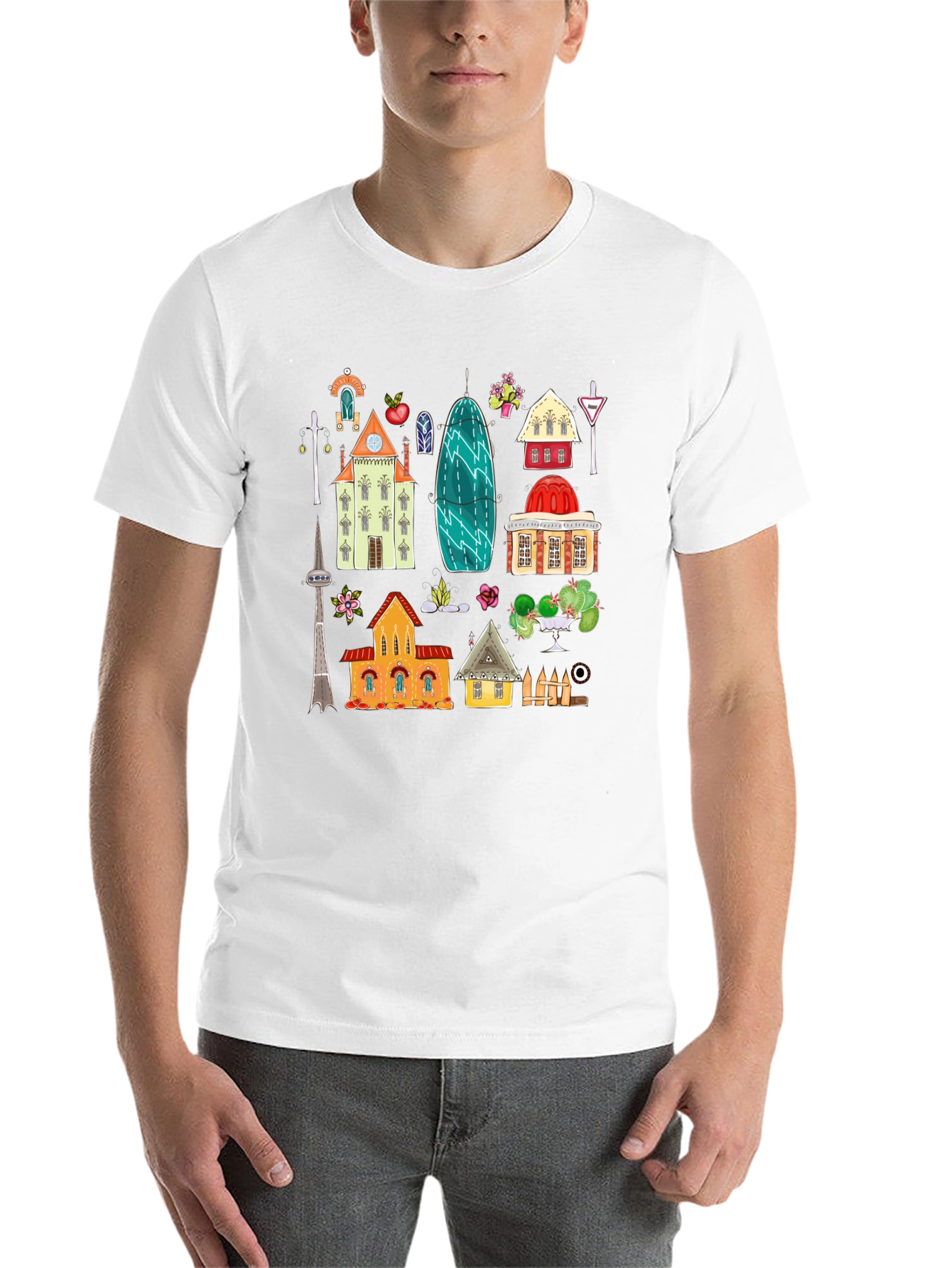 Black Cute Buildings Graphic Black T-Shirt view 14