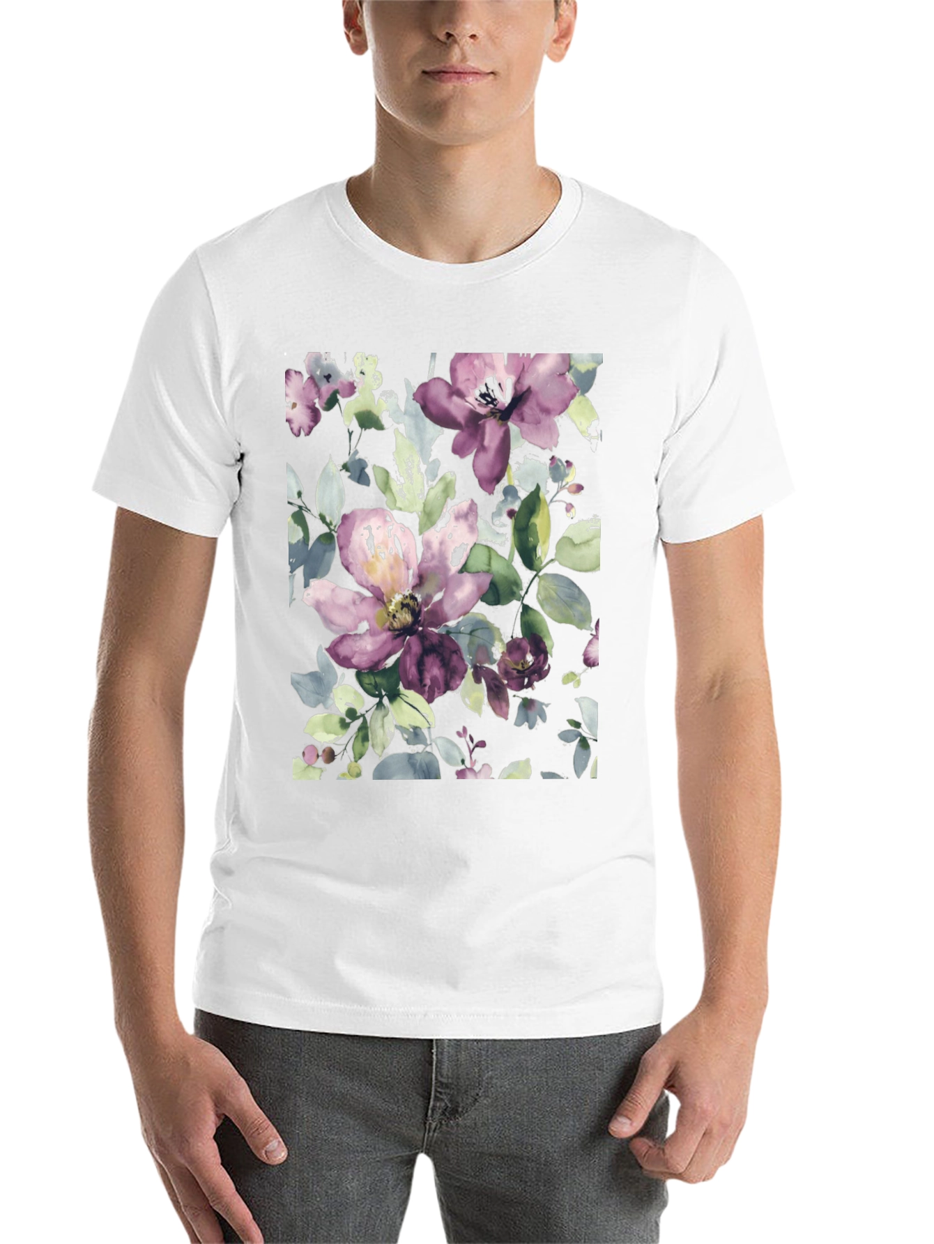 Black Floral Watercolor Print Black T-Shirt view 14