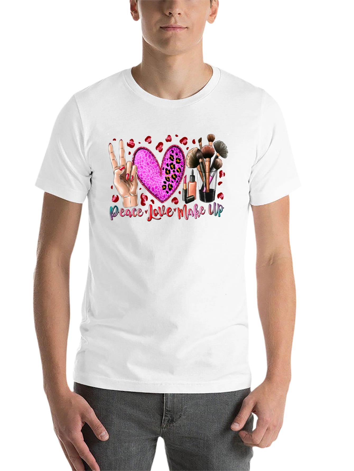 Black Peace Love Makeup T-Shirt, Beauty Graphic Tee view 14