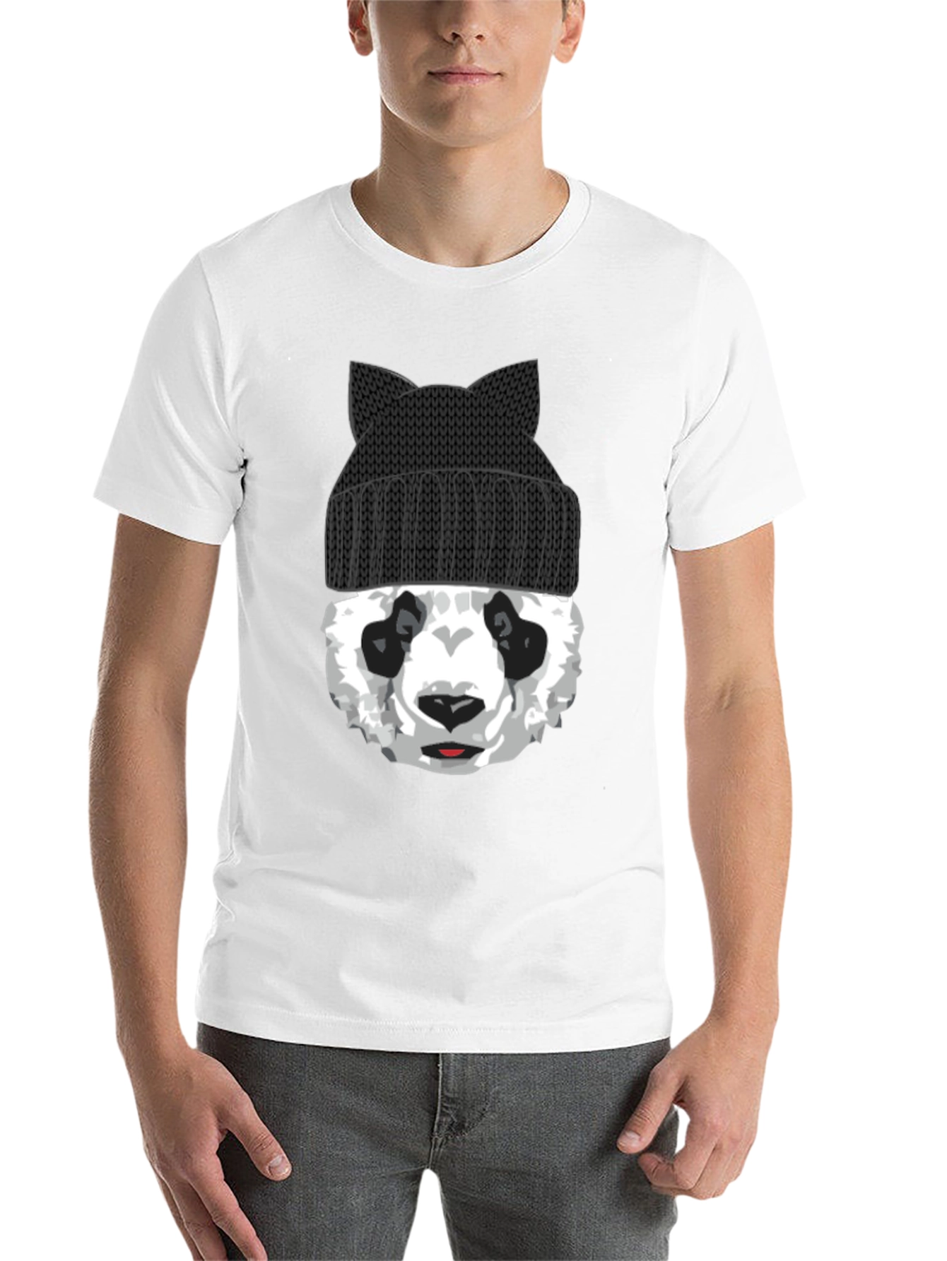 Black Cool Panda Bear with Cat Ear Beanie Graphic Tee view 14