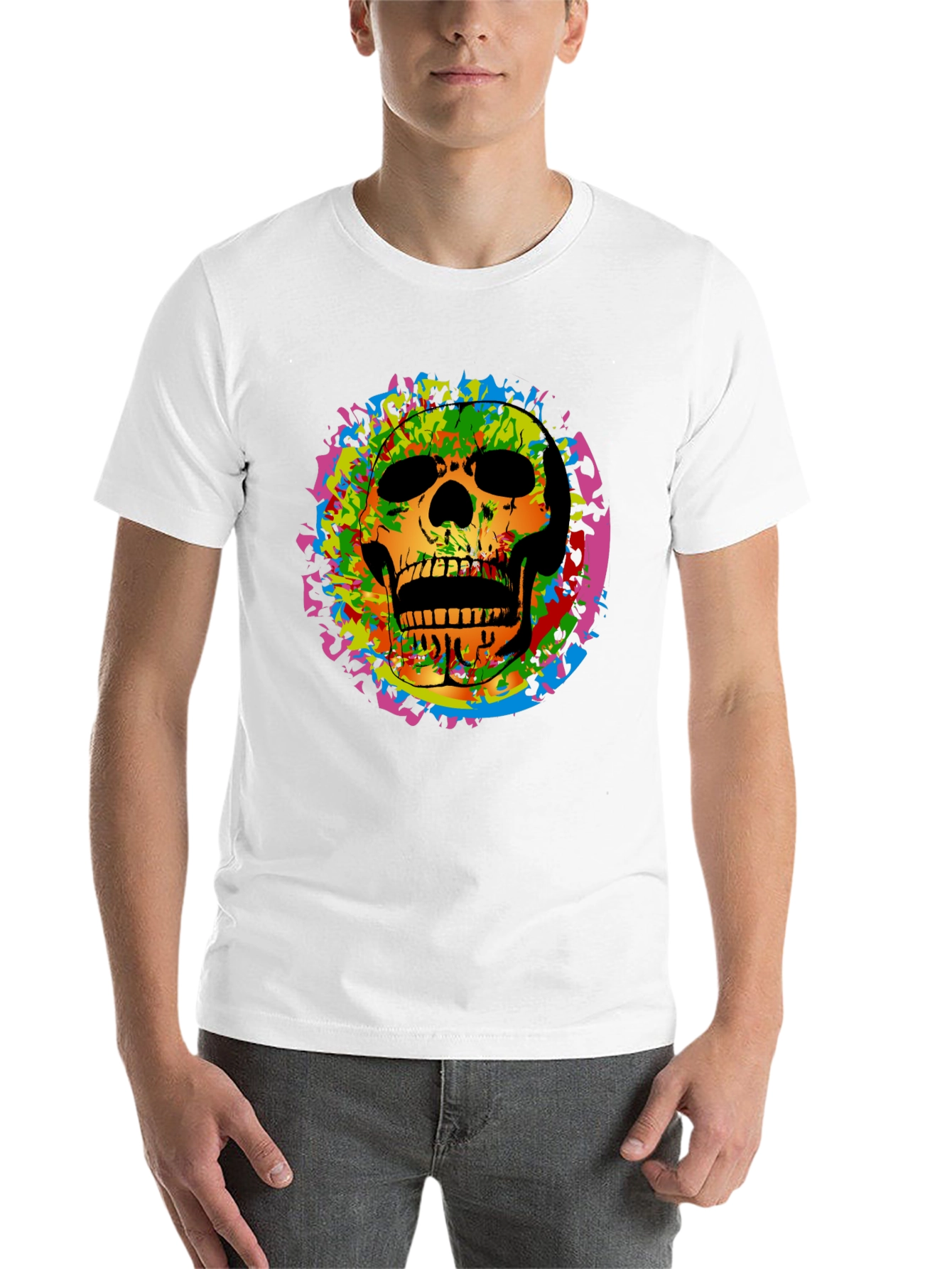 Black Colorful Skull Graphic Tee - Edgy Men's Black T-Shirt view 14