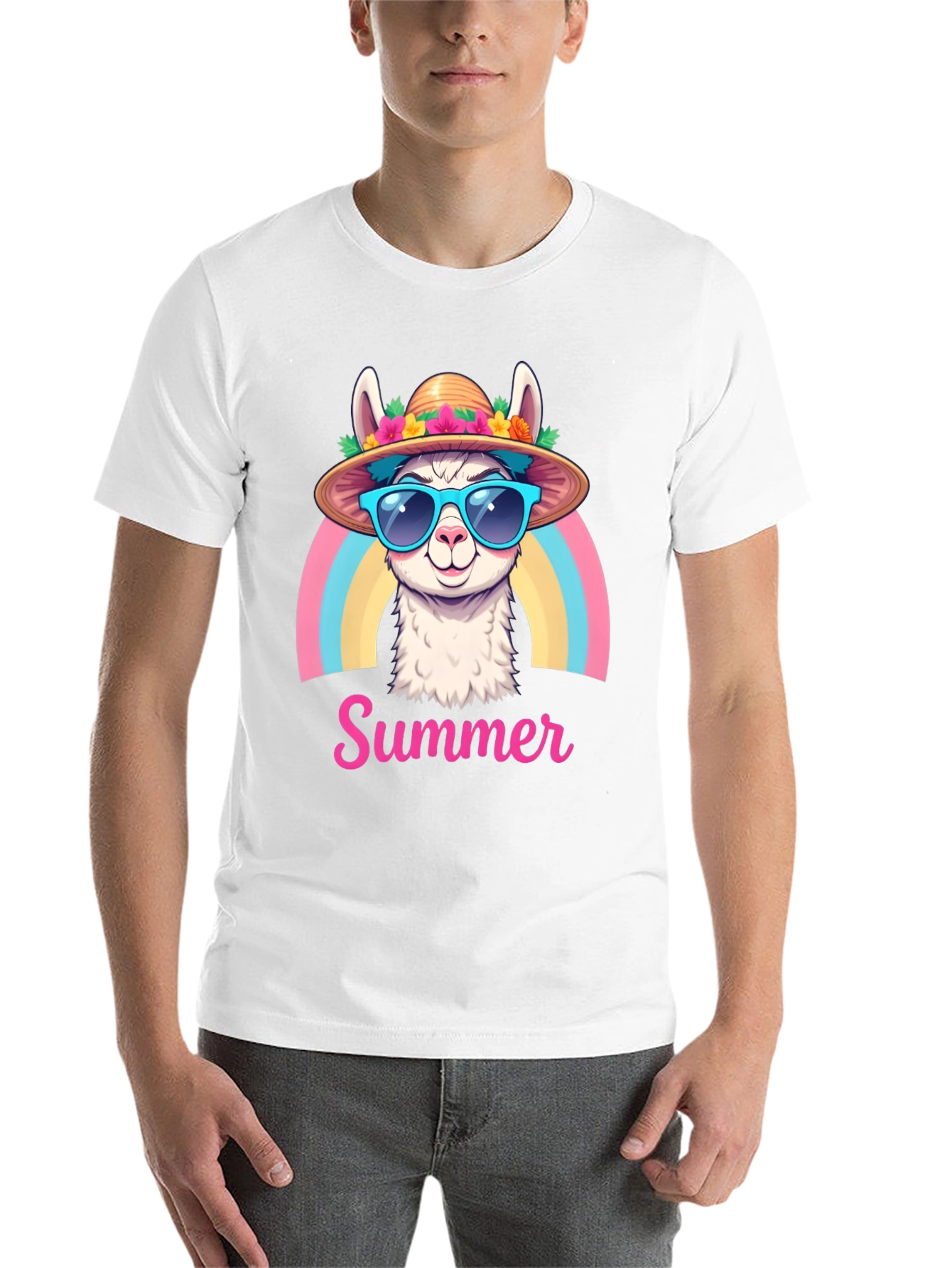 Black Summer Llama T-Shirt Rainbow Hat Sunglasses view 14
