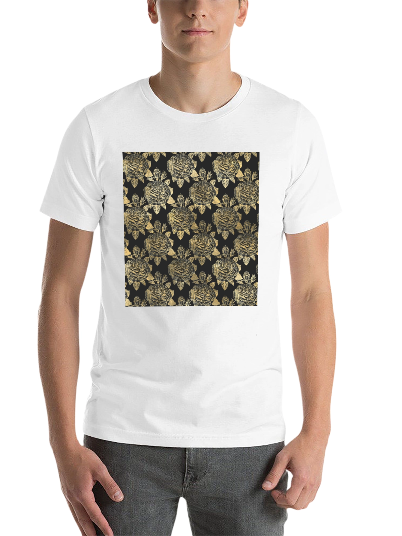 Black Golden Floral Pattern Black T-Shirt view 14